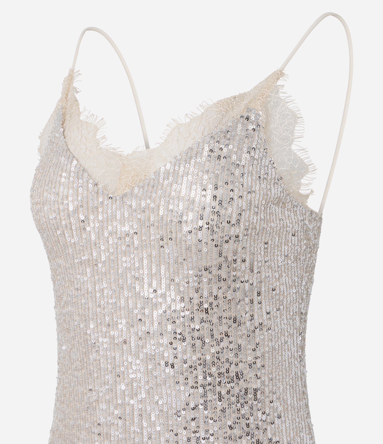 Vestido Assimétrico em Tule com Paetês e Detalhes em Renda Bege 2