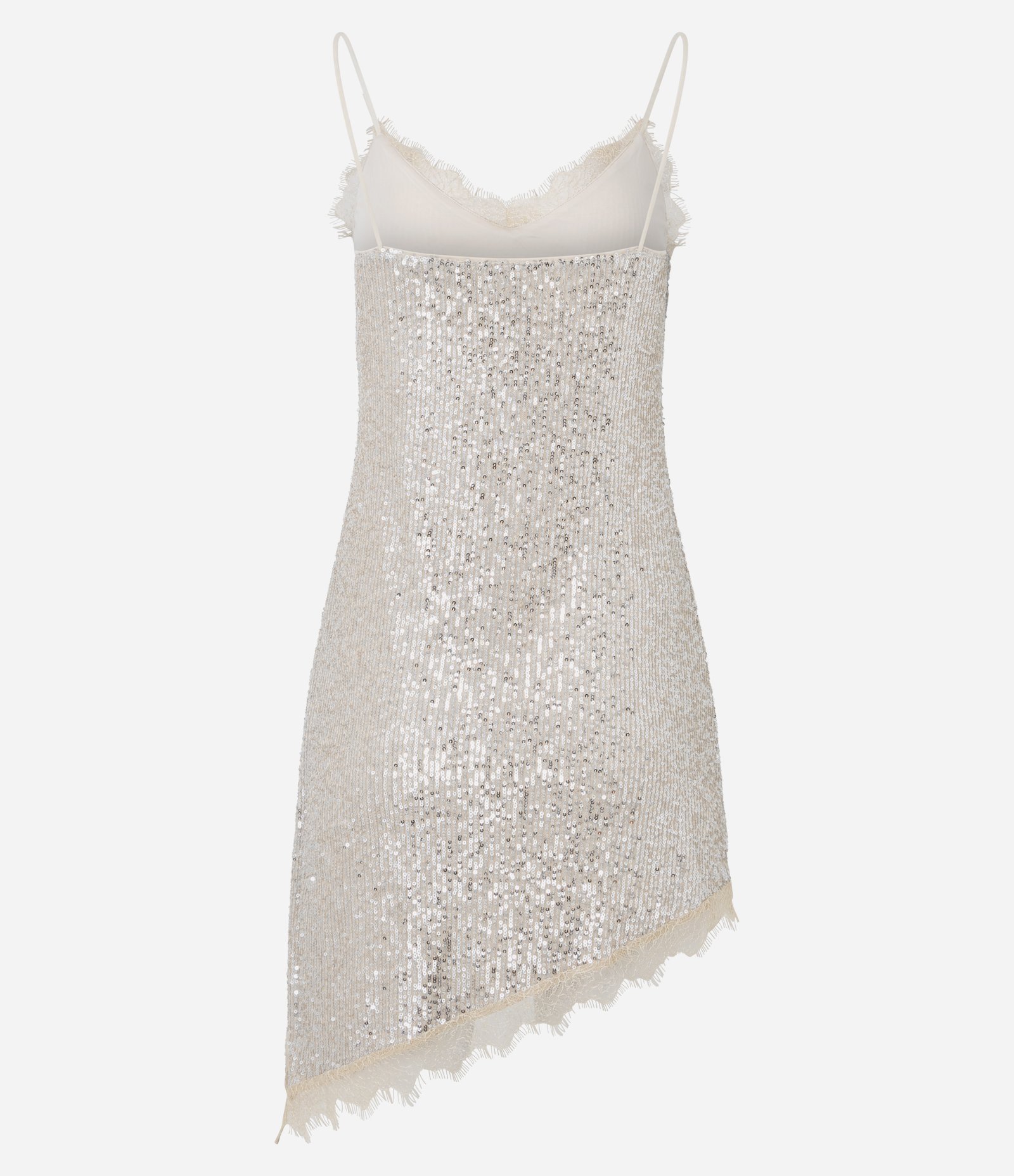 Vestido Assimétrico em Tule com Paetês e Detalhes em Renda Bege 3