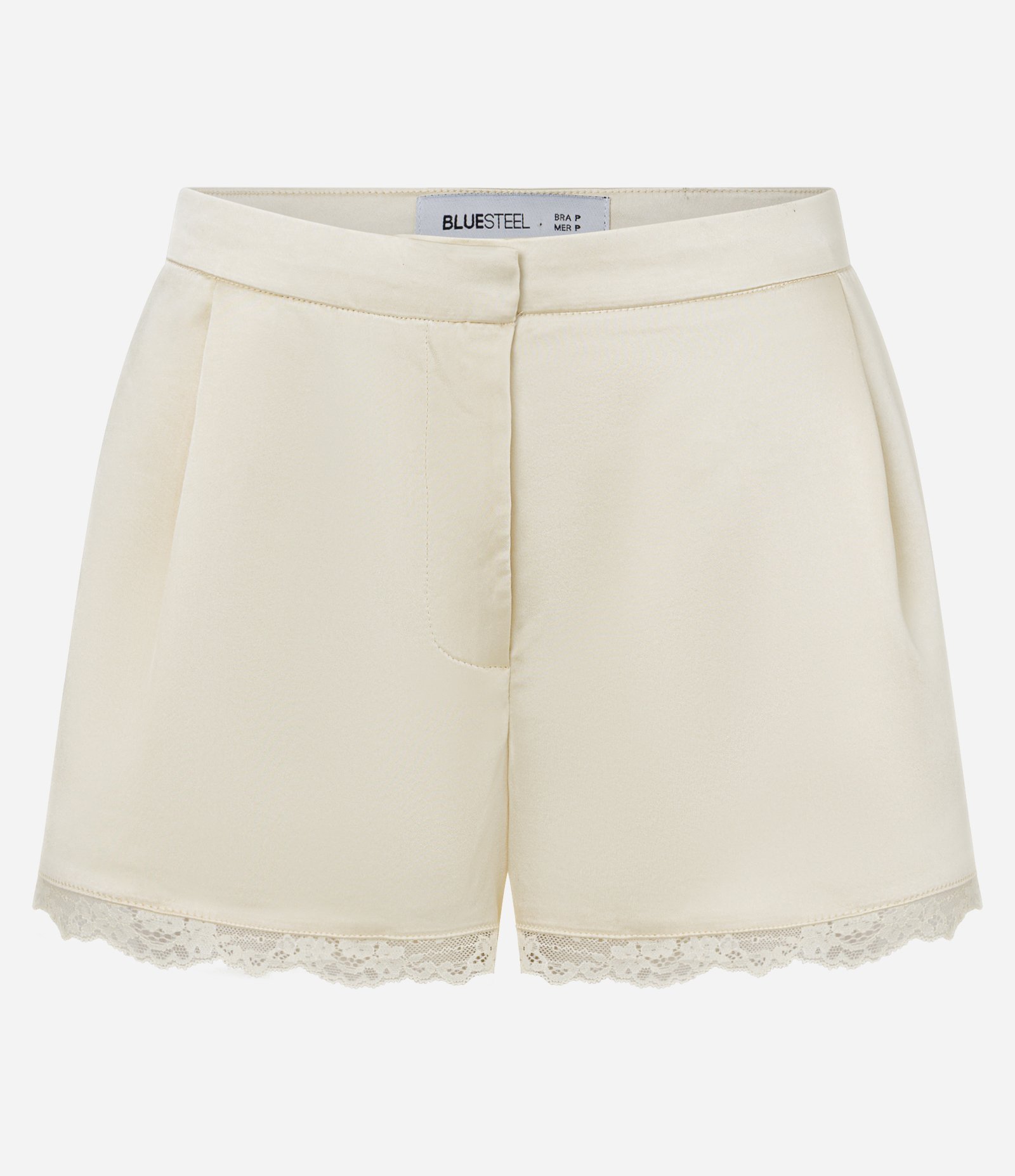 Minishort Acetinado com Bolsos e Renda na Barra Off White 1