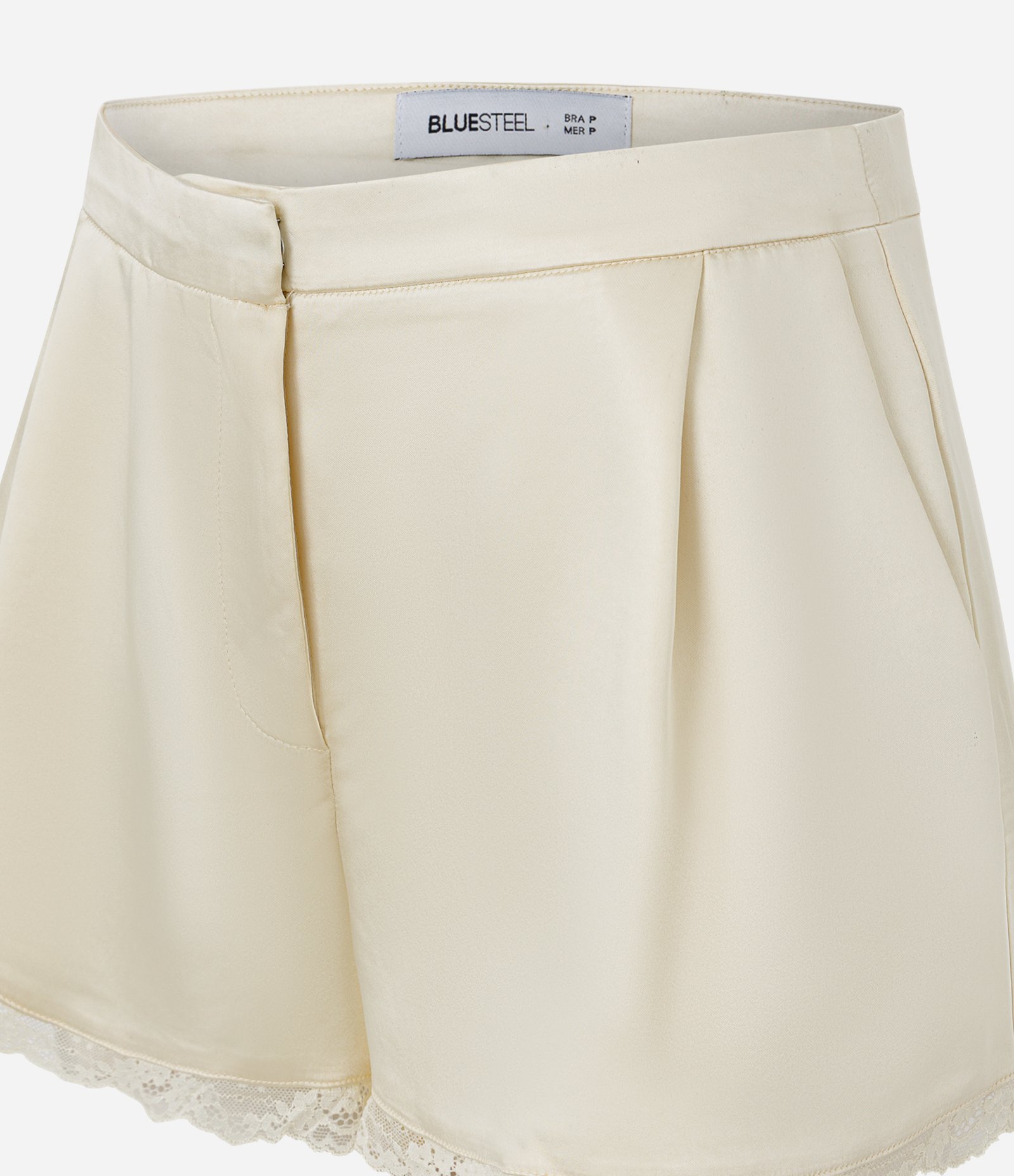 Minishort Acetinado com Bolsos e Renda na Barra Off White 2