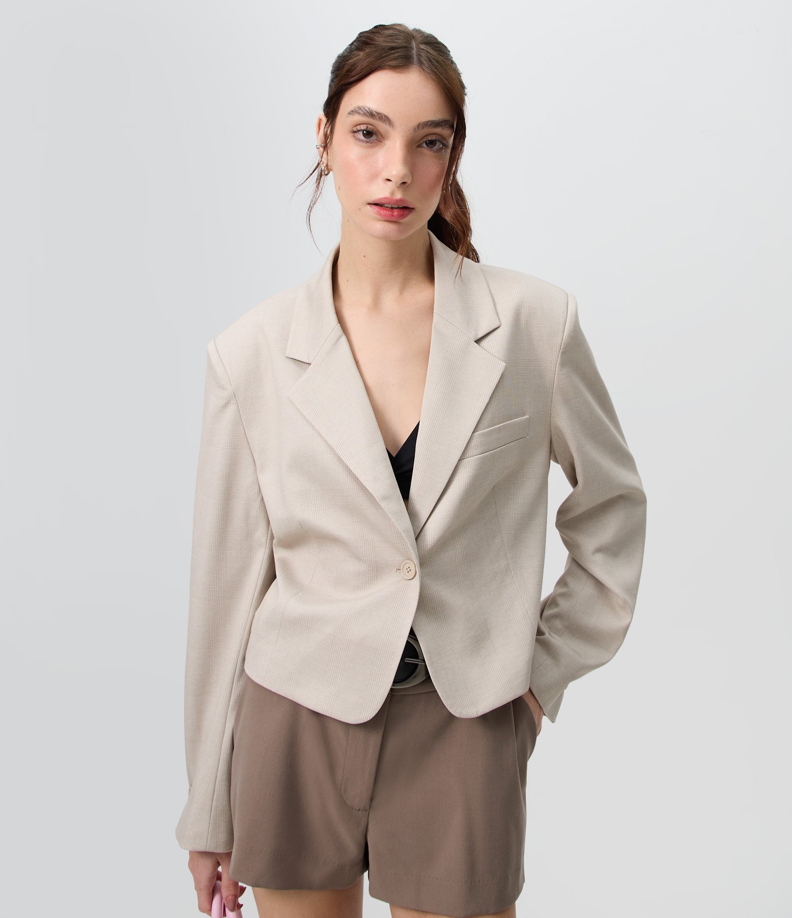 Blazer Boxy Cropped Alfaiatado Xadrez Bege Claro 1