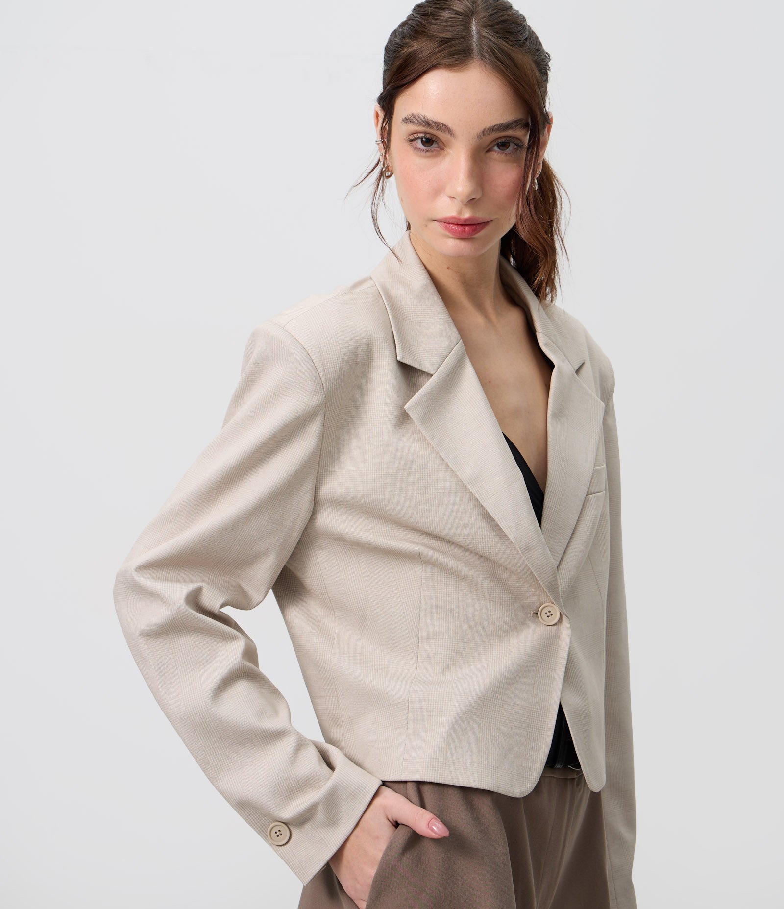 Blazer Boxy Cropped Alfaiatado Xadrez Bege Claro 3