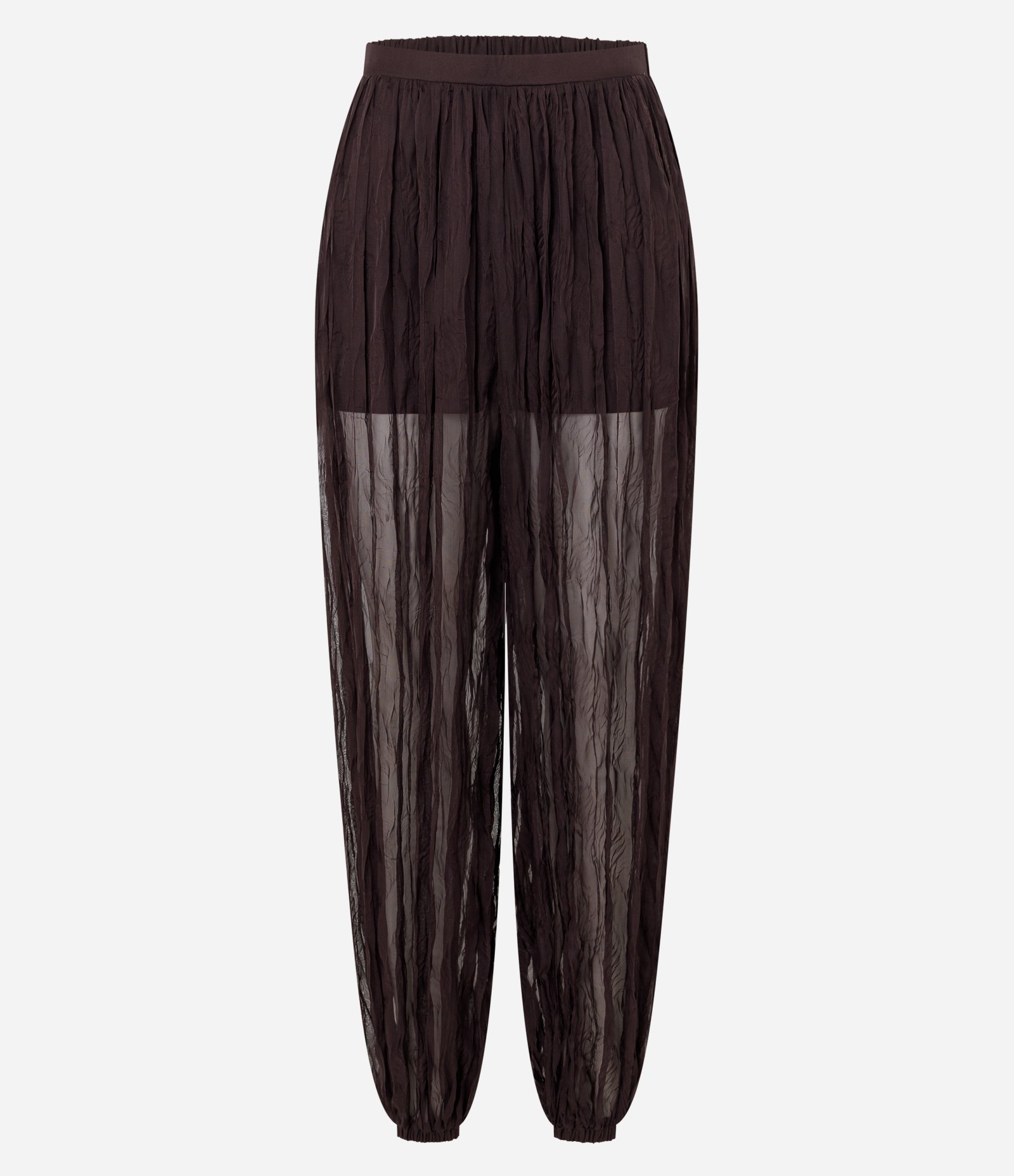 Calça Aladim em Chiffon Texturizado com Transparência Marrom 6