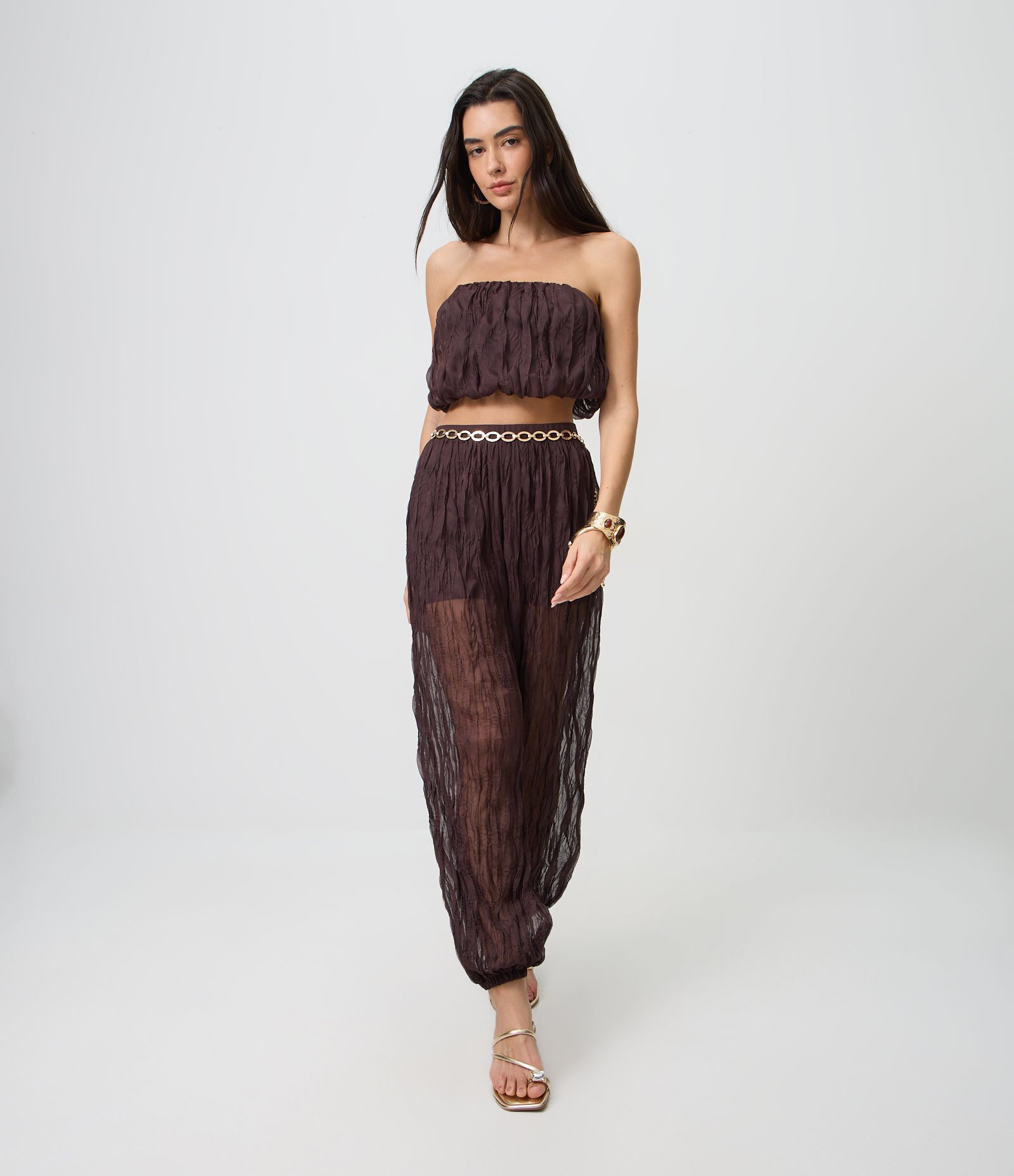 Calça Aladim em Chiffon Texturizado com Transparência Marrom 1