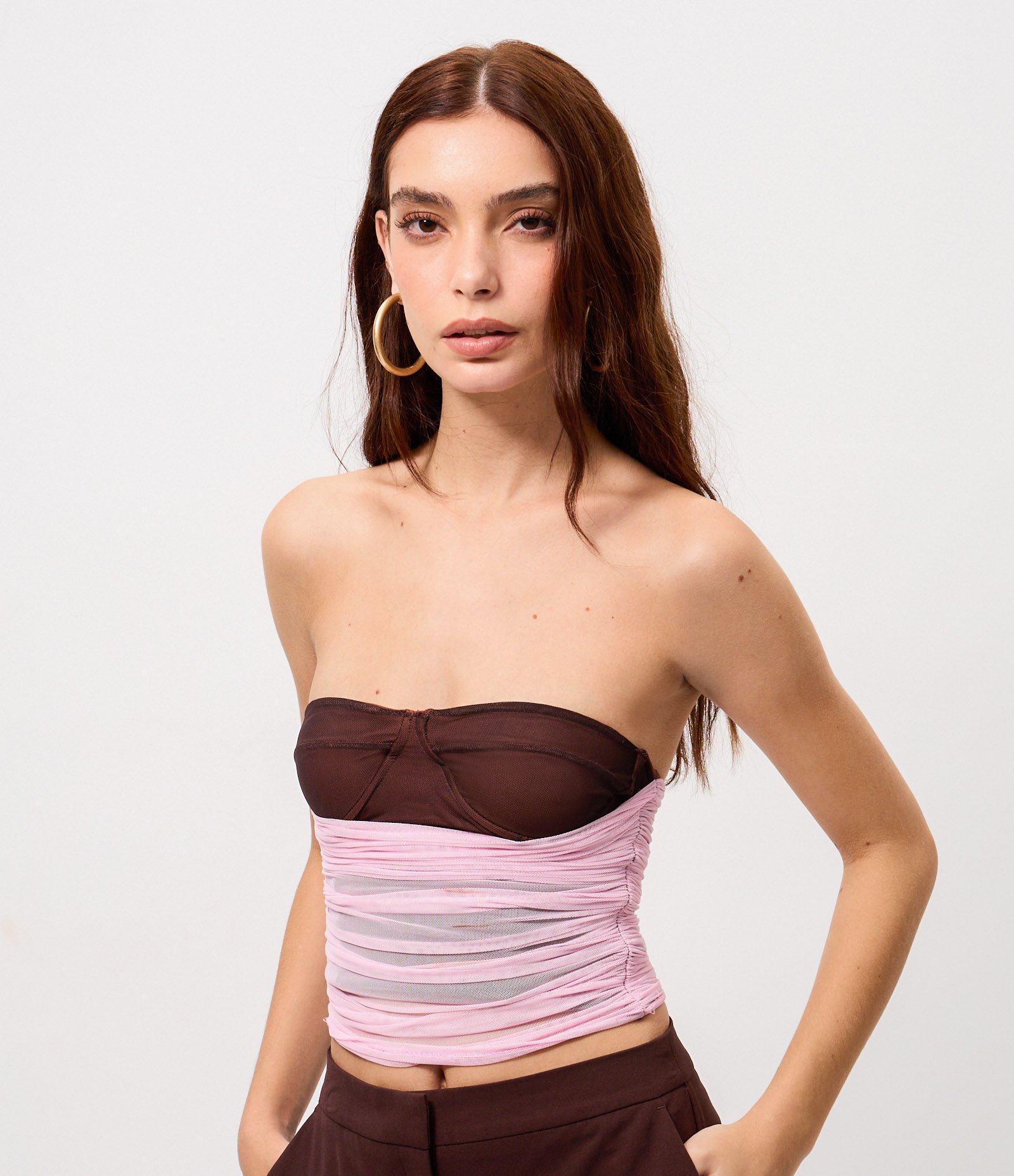 Blusa Tomara que Caia em Tule com Franzidos Estilo Redinha e Decote Coração Rosa 1