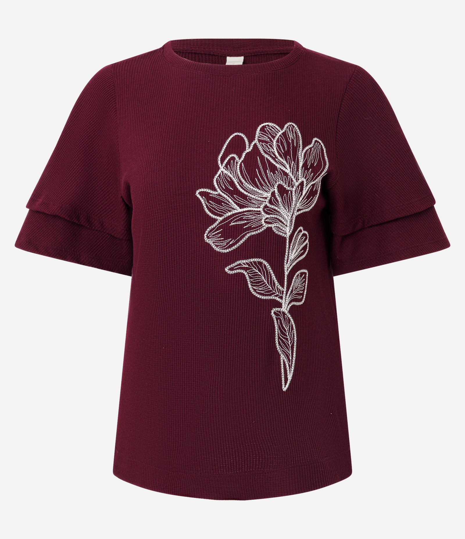 Blusa Manga Curta com Babados e Bordado de Flor Vinho 5