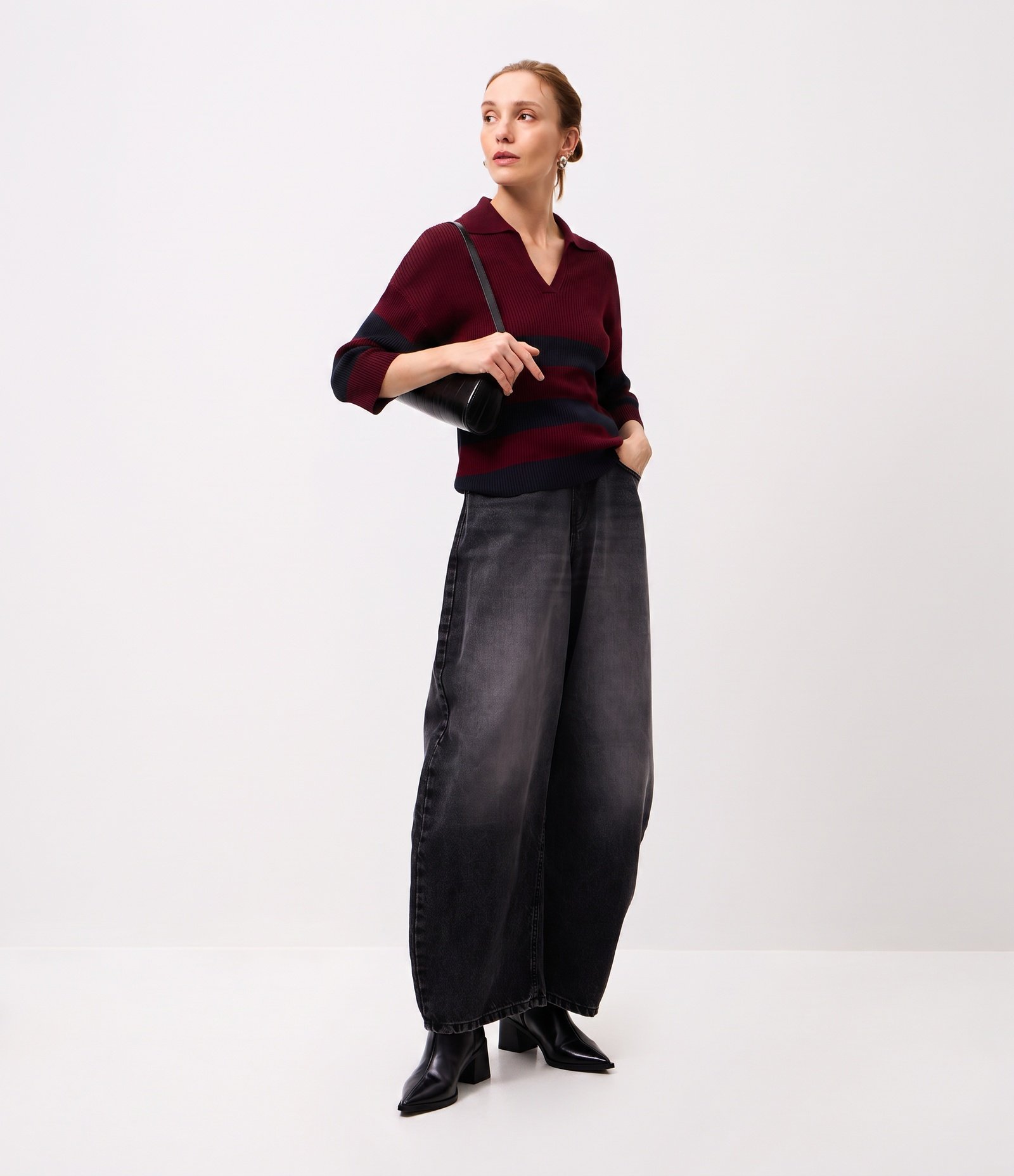 Blusa em Tricô com Gola Polo e Estampa Listrada Vinho 1