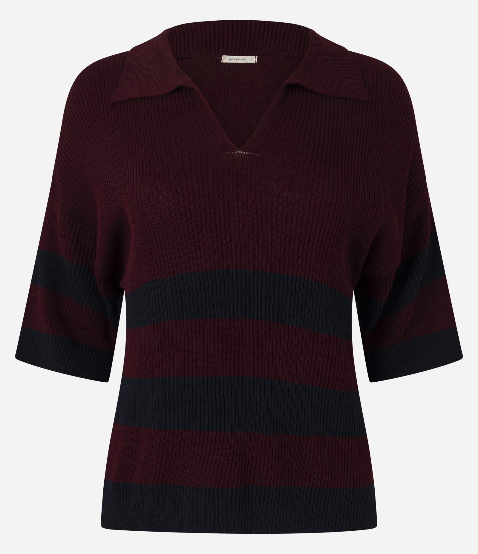 Blusa em Tricô com Gola Polo e Estampa Listrada Vinho 4