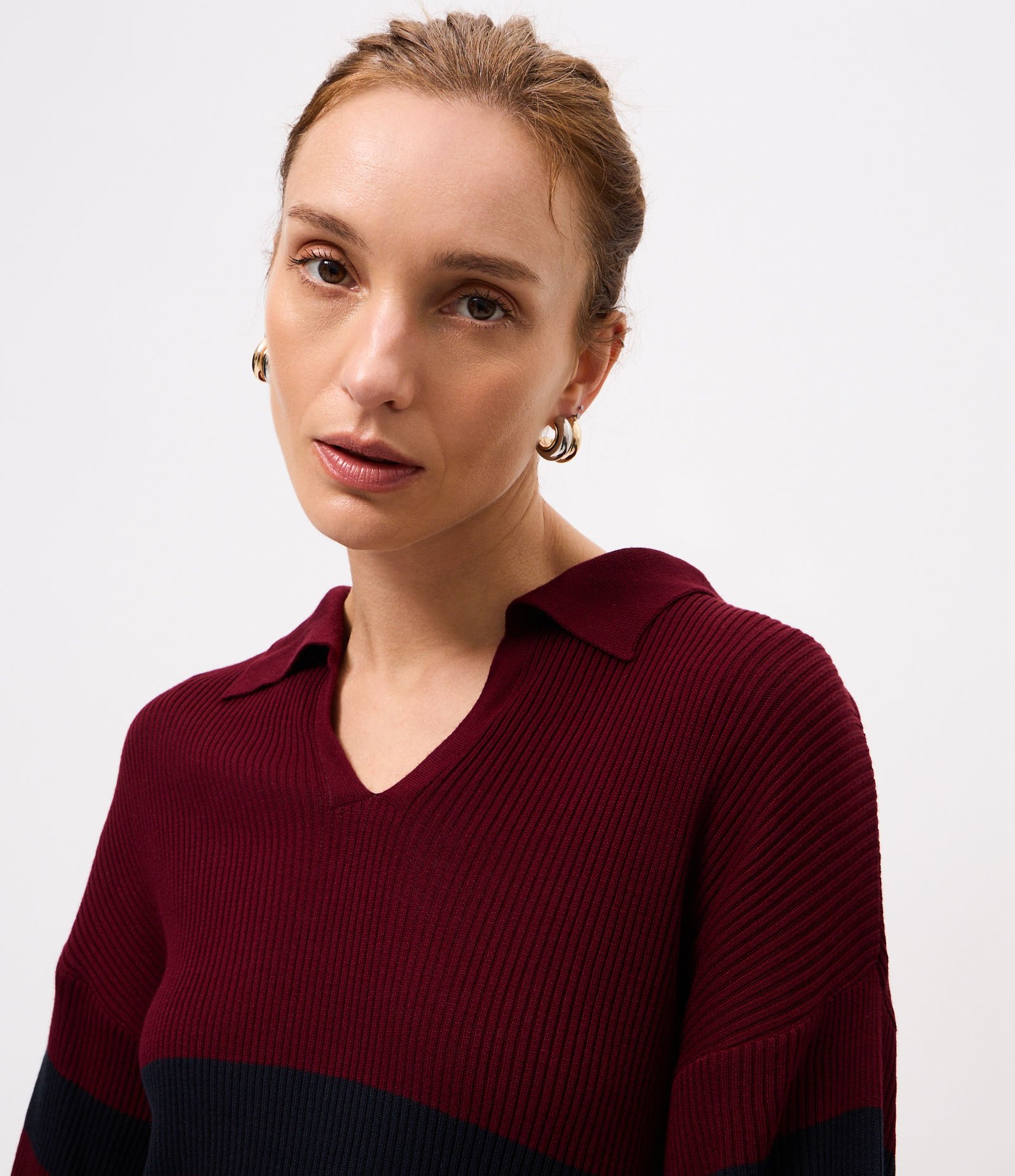 Blusa em Tricô com Gola Polo e Estampa Listrada Vinho 3
