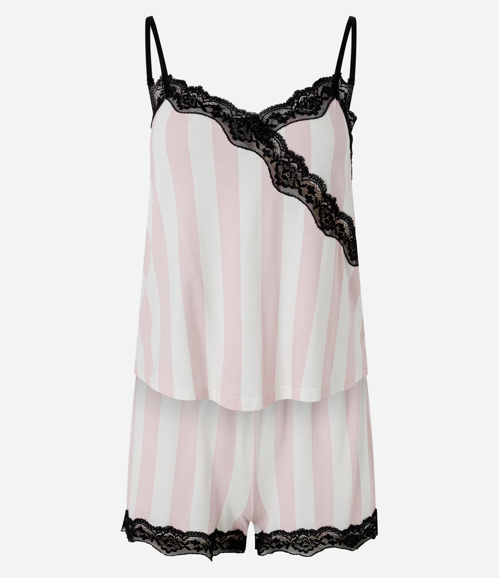Short Doll em Viscolycra com Estampa Listrada e Renda Cruzada Rosa/Branco 6