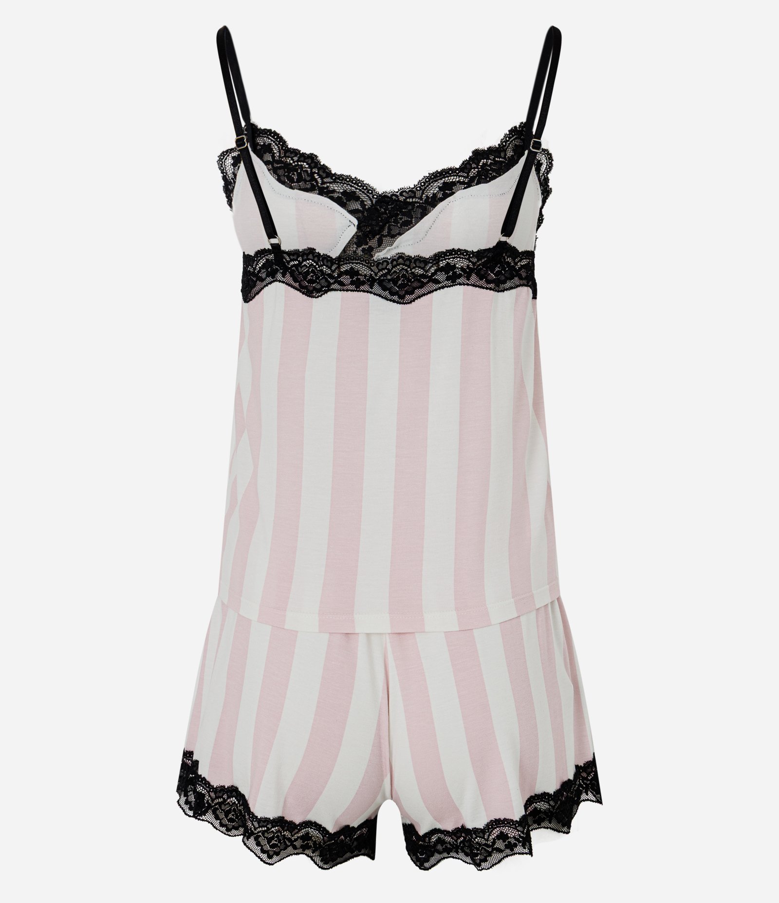 Short Doll em Viscolycra com Estampa Listrada e Renda Cruzada Rosa/Branco 8