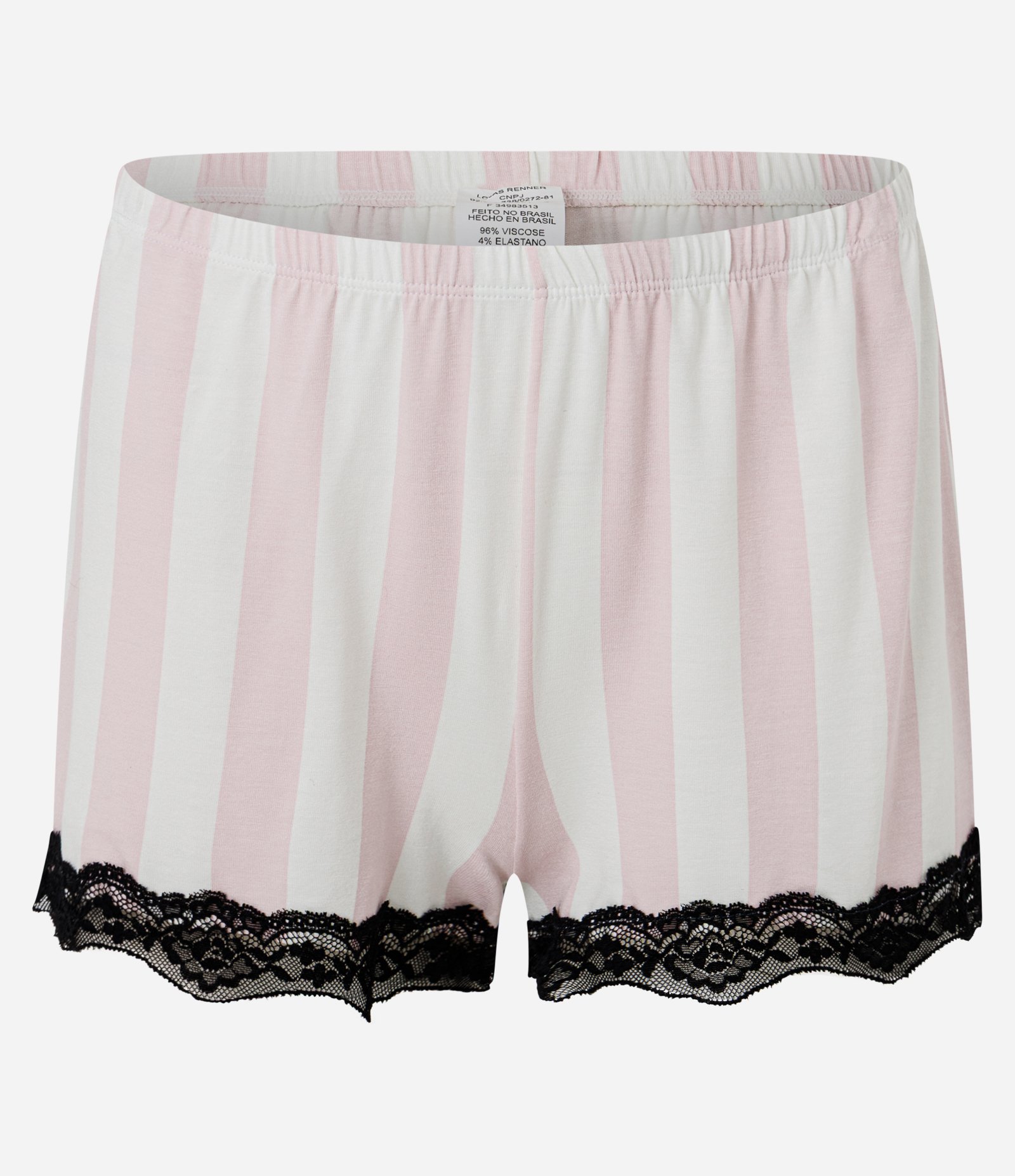 Short Doll em Viscolycra com Estampa Listrada e Renda Cruzada Rosa/Branco 9