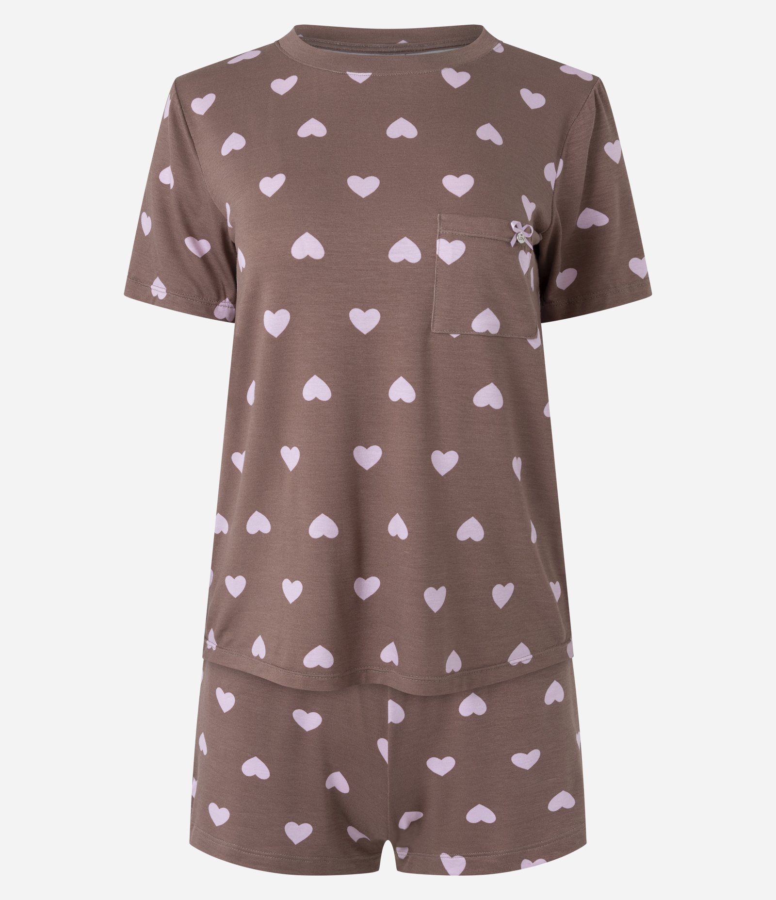 Pijama Curto com Estampa de Corações e Bolsinho Marrom 5