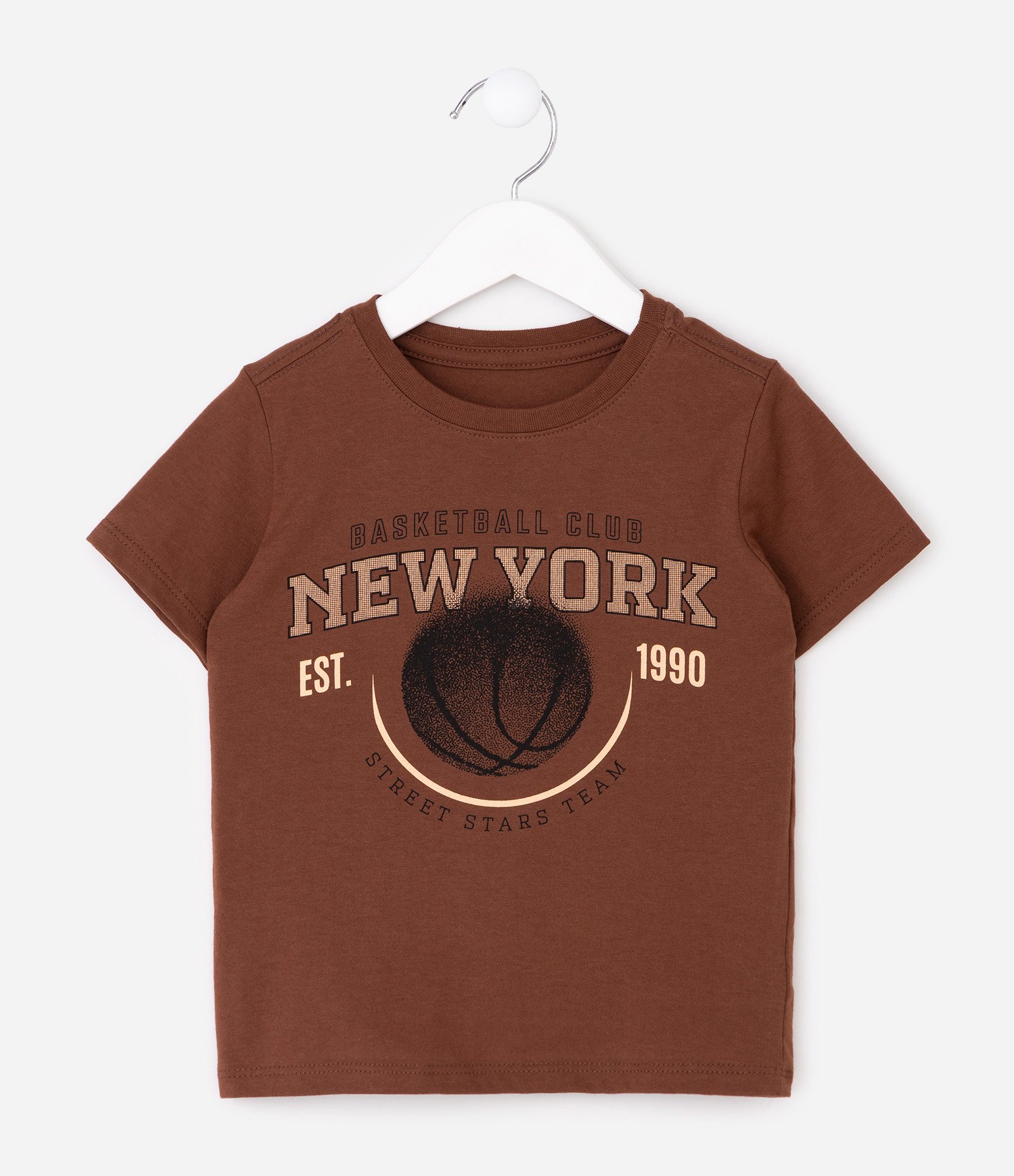 Camiseta Regular em Algodão com Estampa Basquete New York Infantil - Tam 1 a 6 Anos Marrom 1