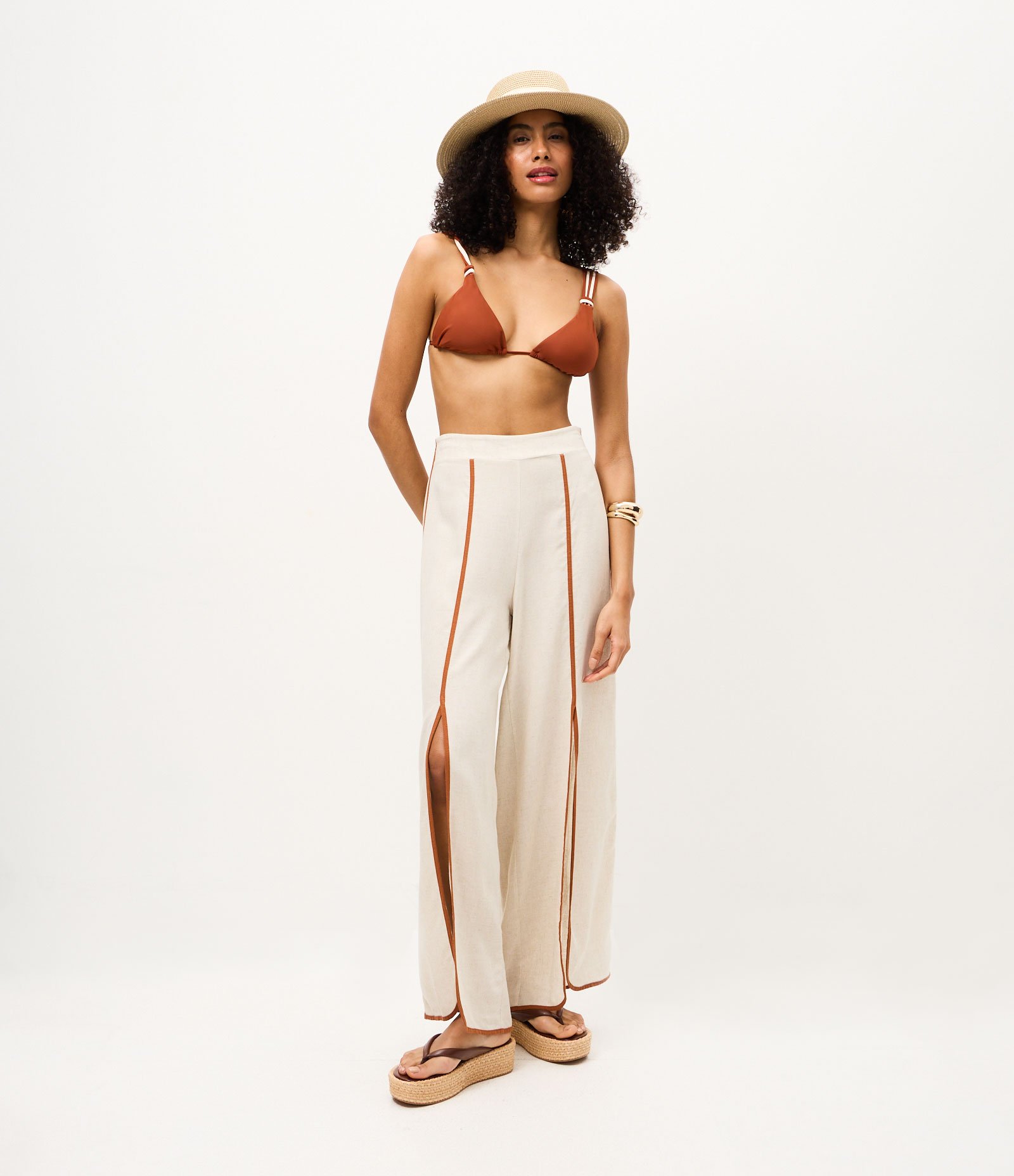 Saída de Praia Calça em Viscolinho com Viés Contrastante Off White 1