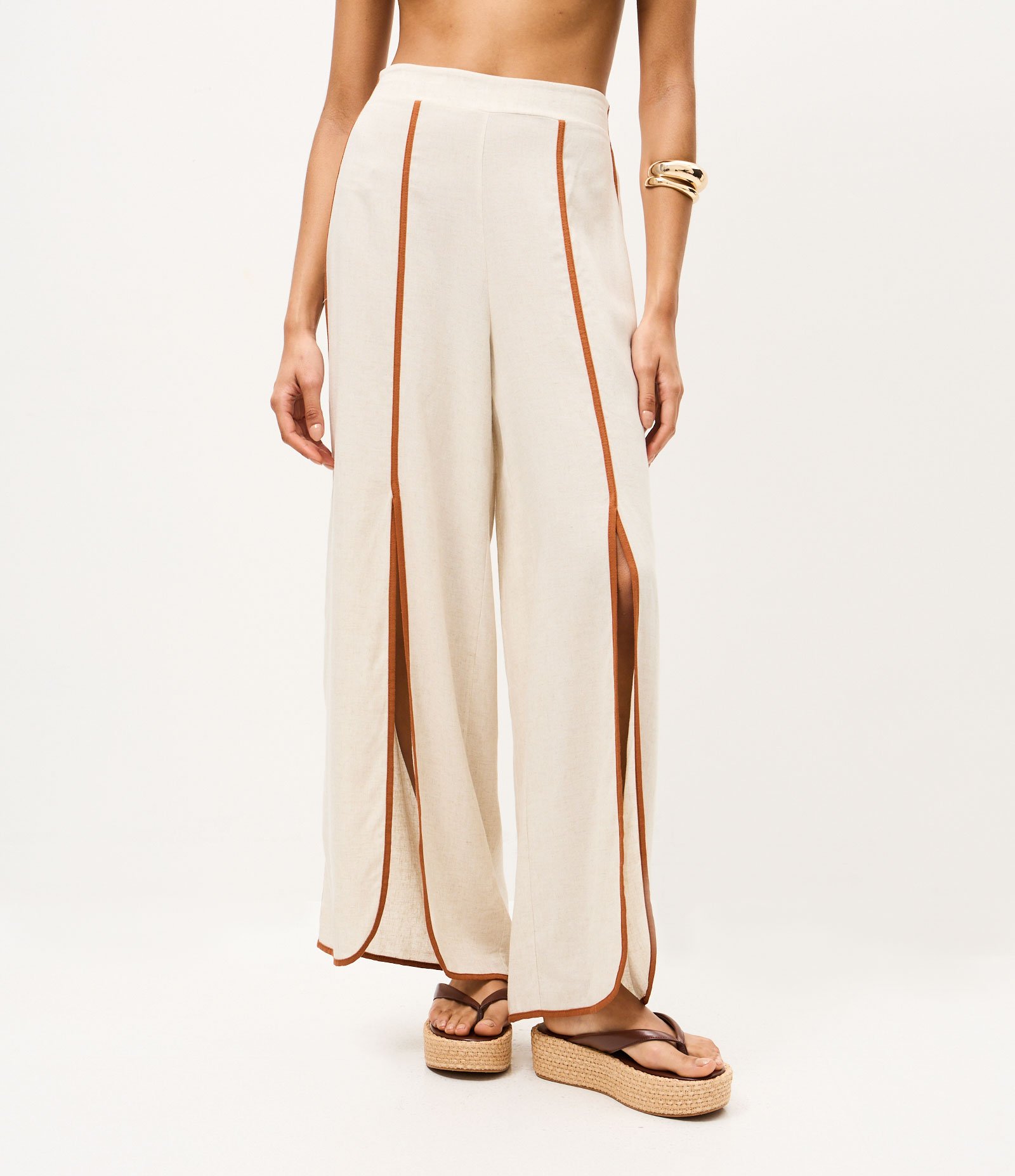 Saída de Praia Calça em Viscolinho com Viés Contrastante Off White 2