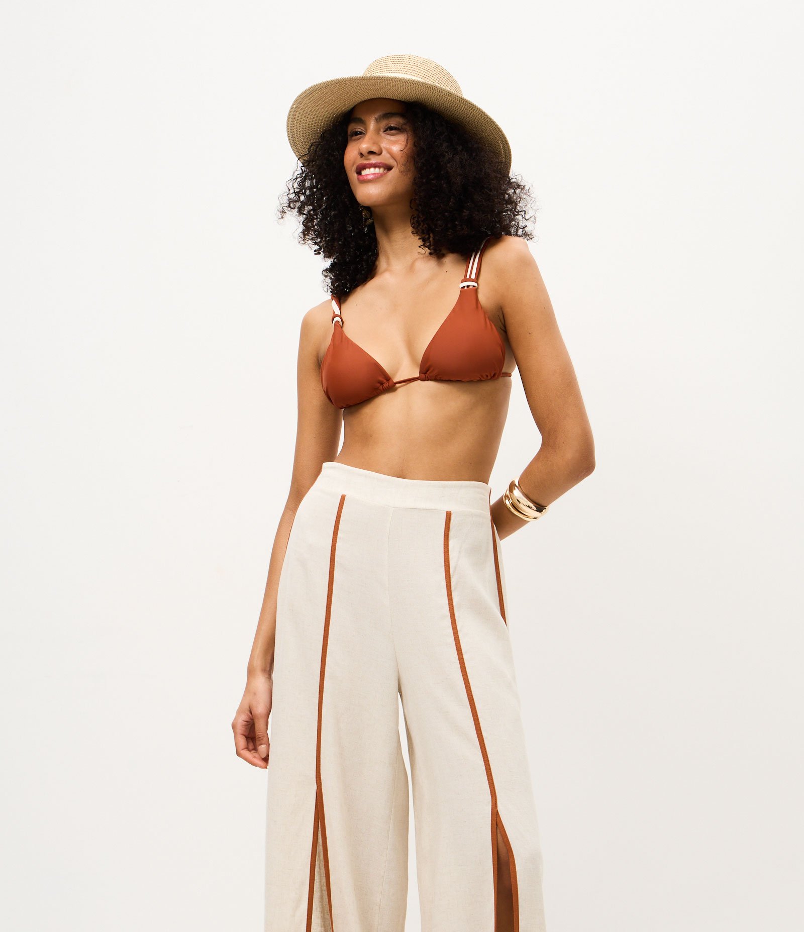 Saída de Praia Calça em Viscolinho com Viés Contrastante Off White 5