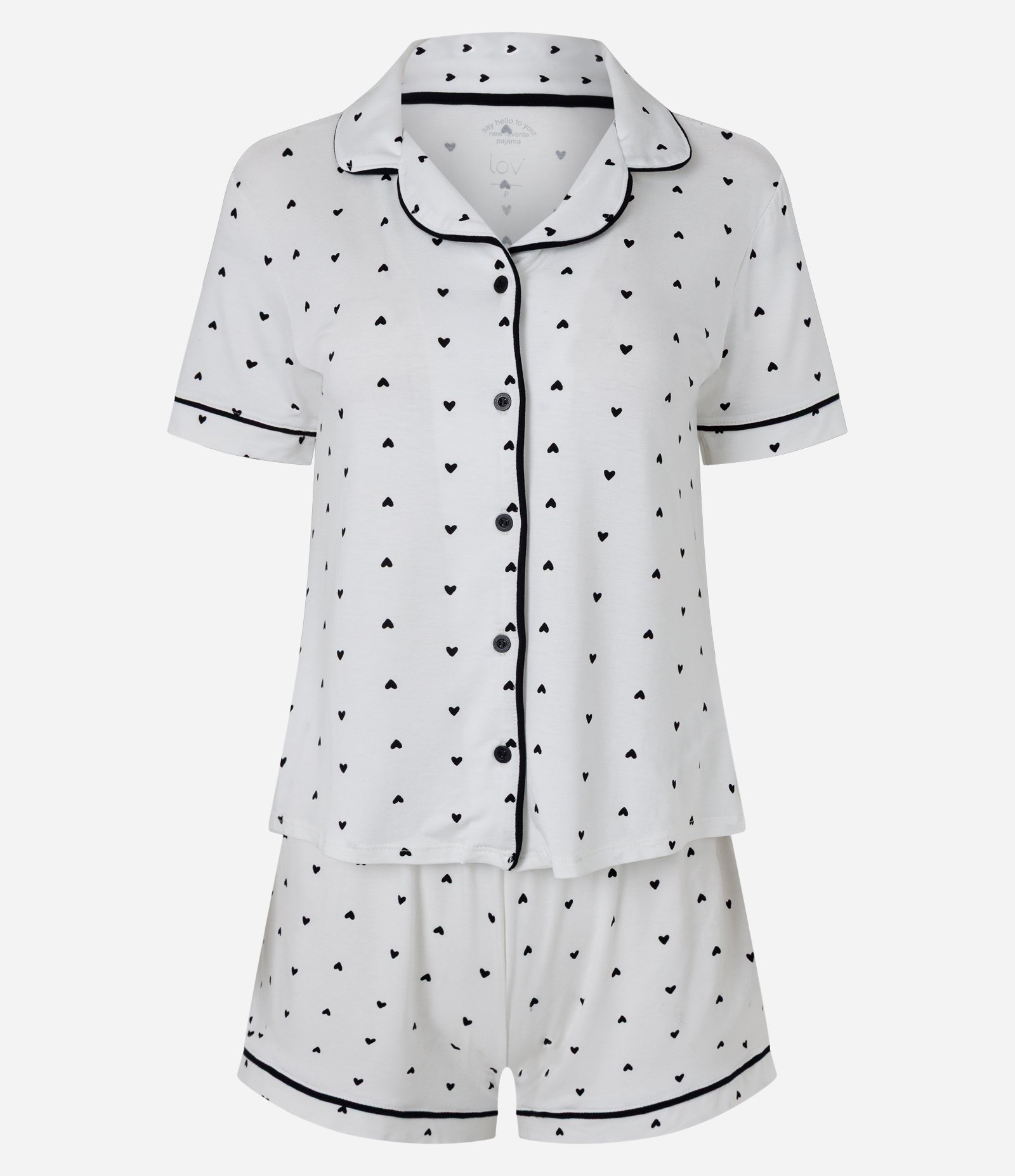 Pijama Curto Americano em Viscolycra com Estampa de Corações Branco/Preto 5