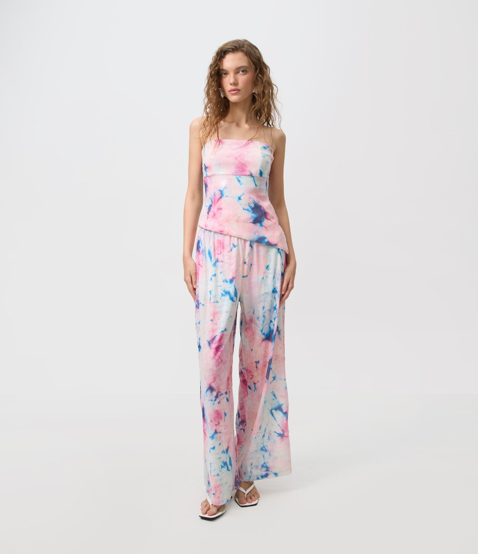 Calça Pantalona em Paetês Tie Dye com Cós Elástico Rosa 1