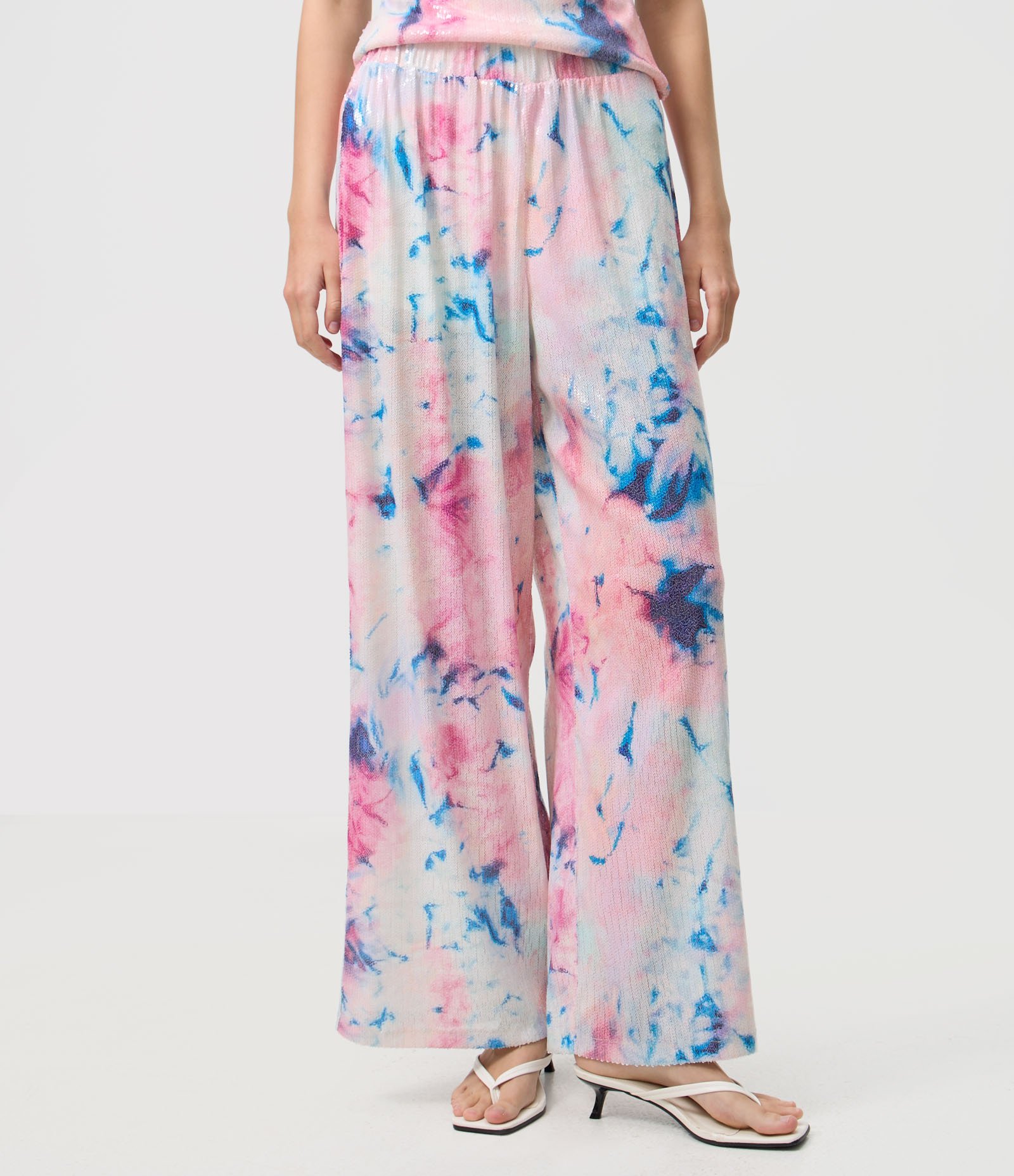 Calça Pantalona em Paetês Tie Dye com Cós Elástico Rosa 2