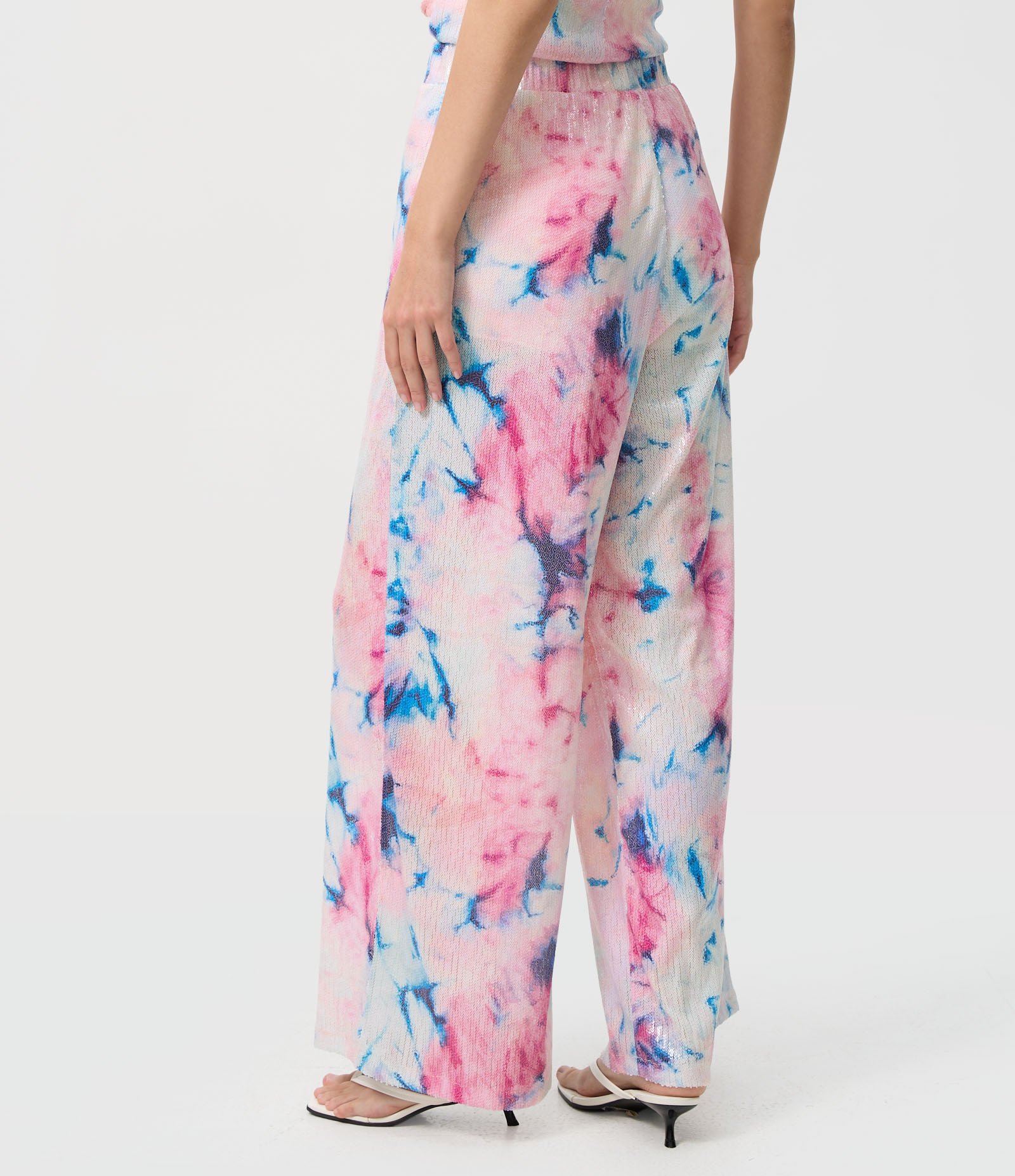 Calça Pantalona em Paetês Tie Dye com Cós Elástico Rosa 3