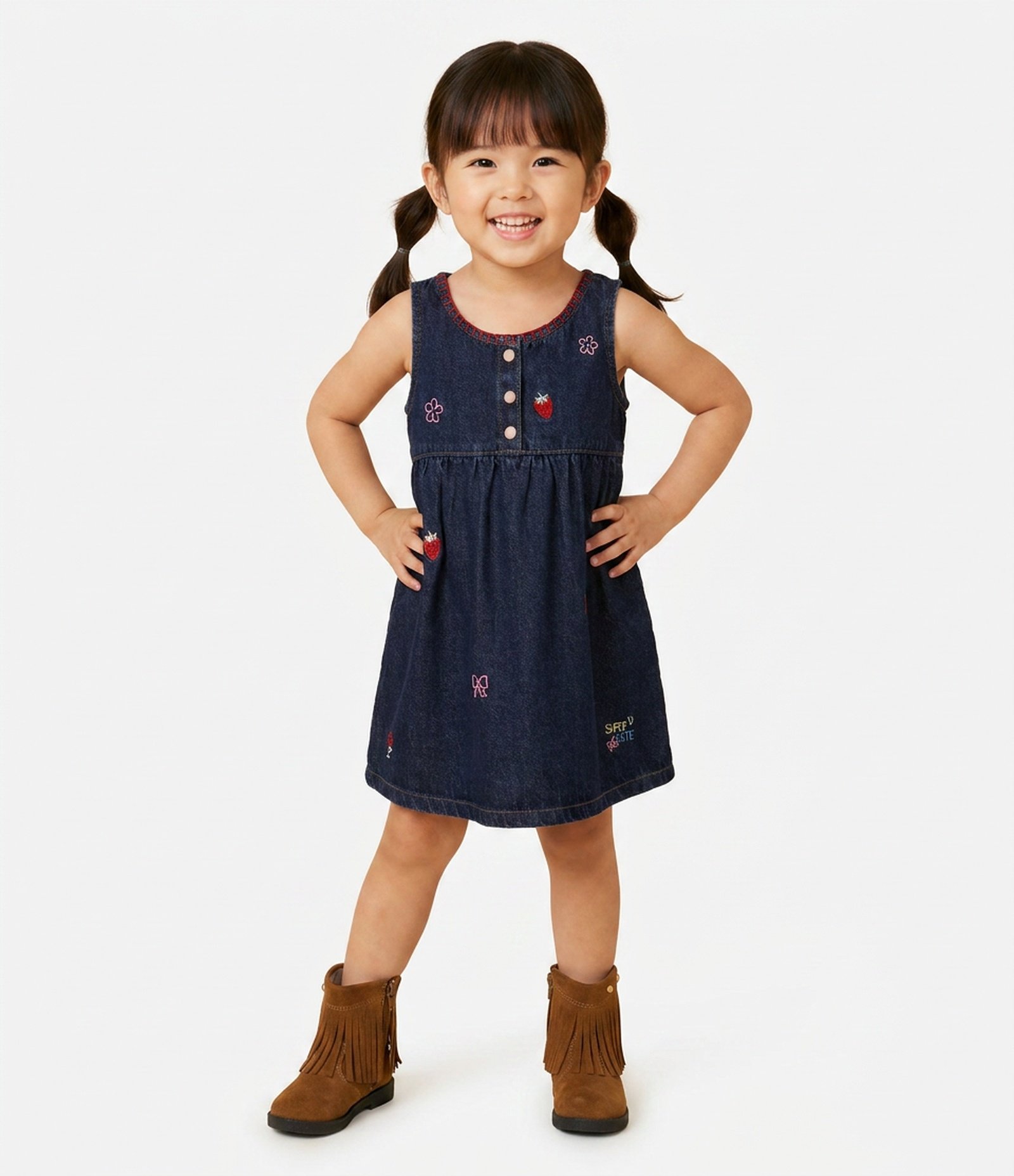Vestido Jeans Infantil com Bordado e Botões - Tam 1 a 6 Anos Azul 1