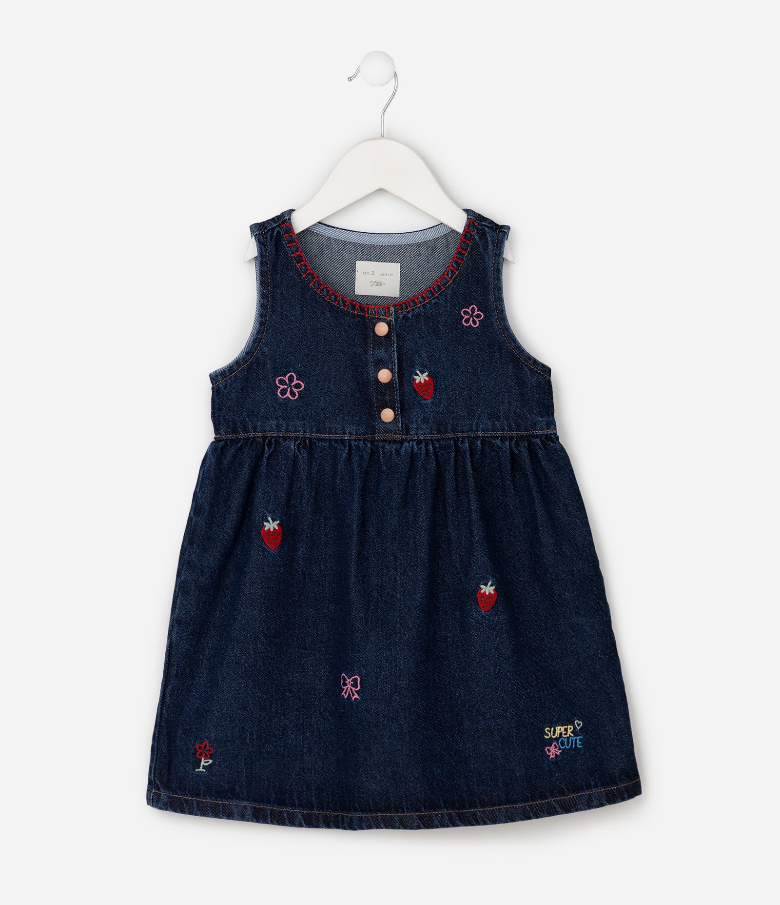 Vestido Jeans Infantil com Bordado e Botões - Tam 1 a 6 Anos Azul 2