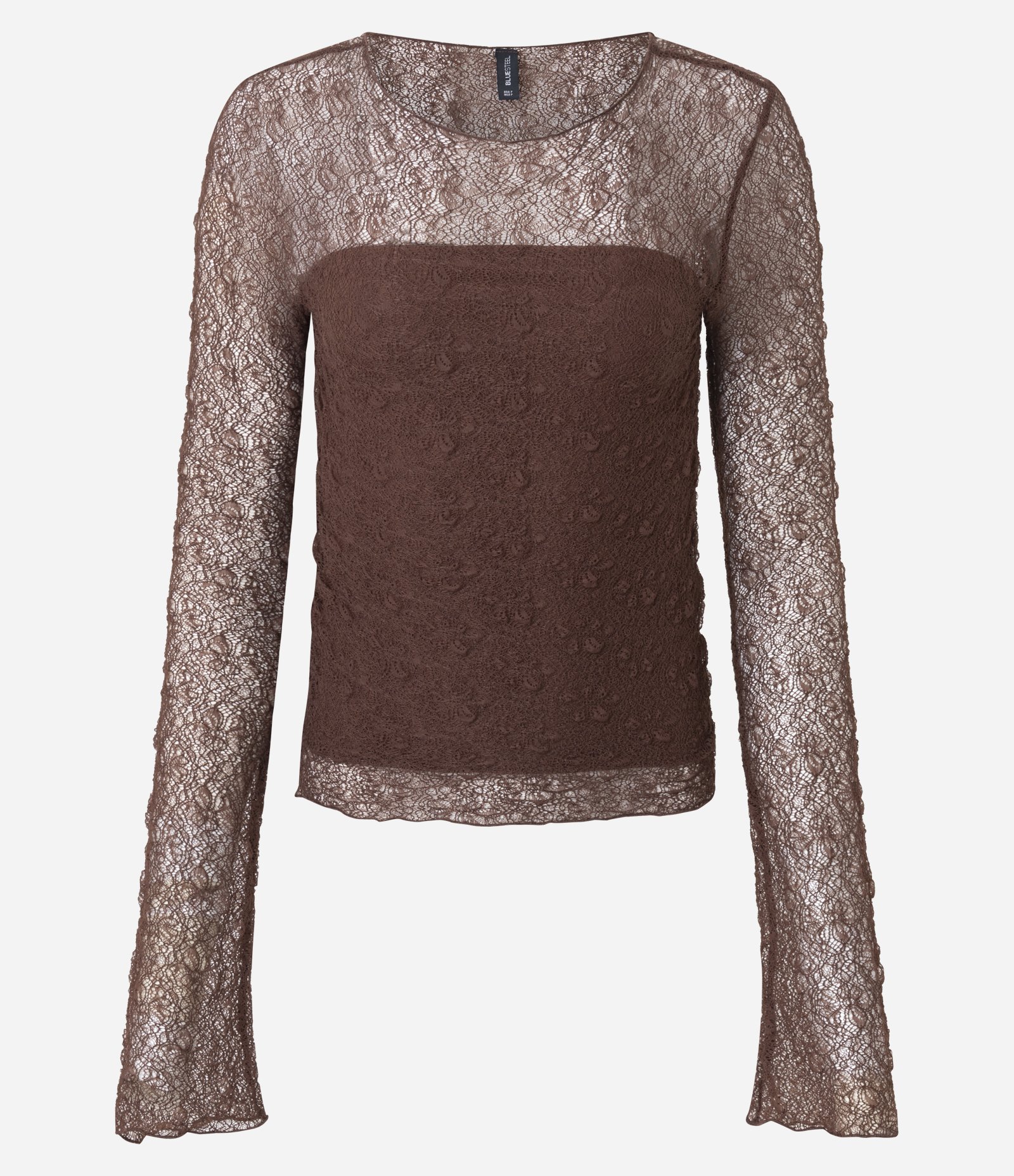 Blusa Manga Longa Texturizada com Manga Evasê e Transparência Marrom 1