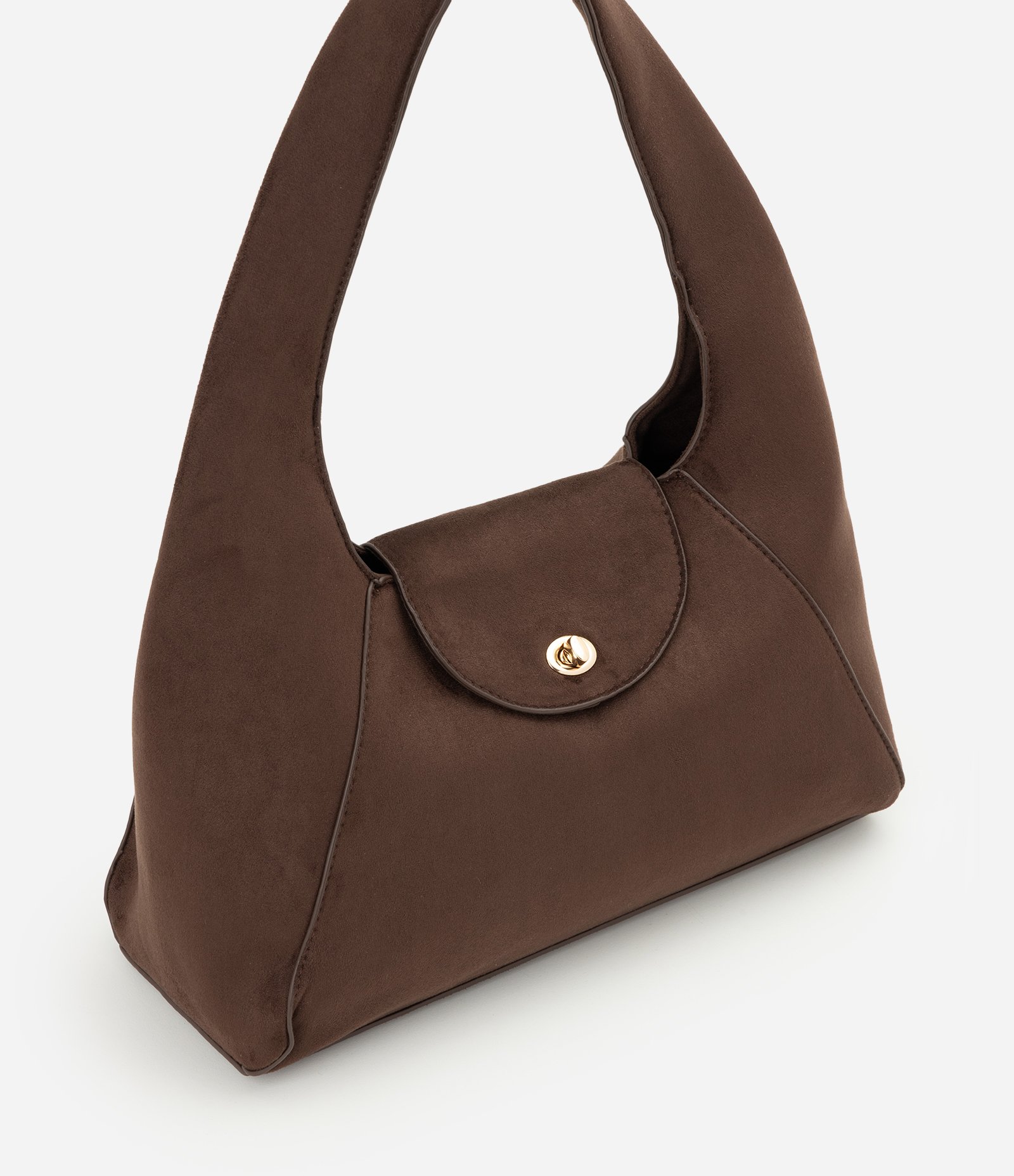 Bolsa Hobo Média em Suede com Fechamento por Torniquete Marrom 1