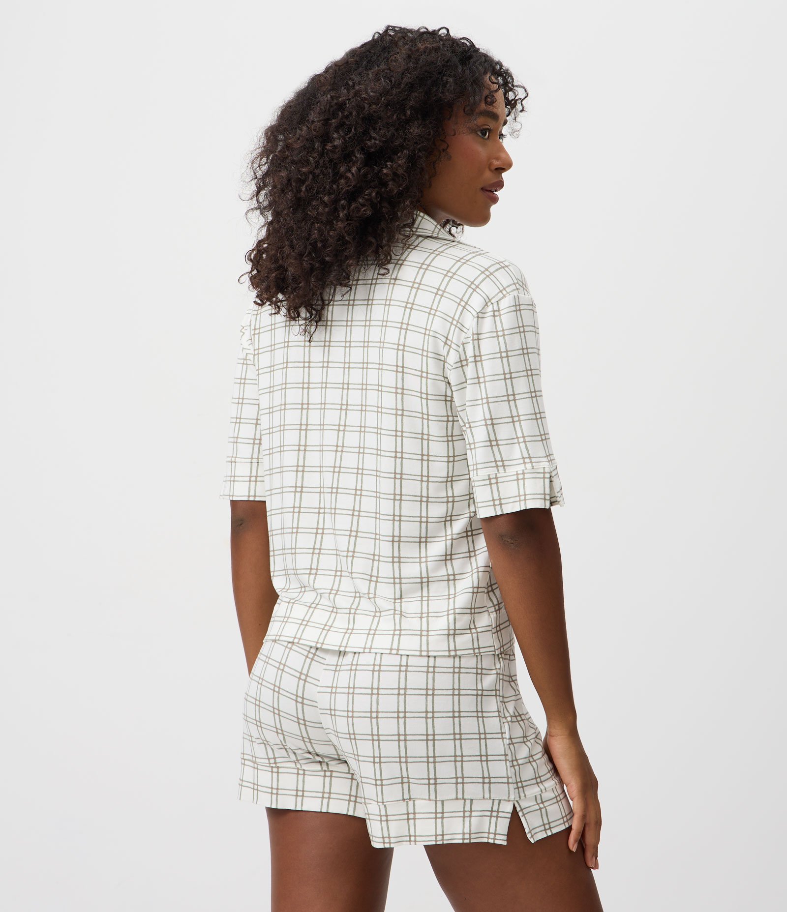 Pijama Curto Camisa e Short Em Viscolycra Estampa Xadrez Branco 4