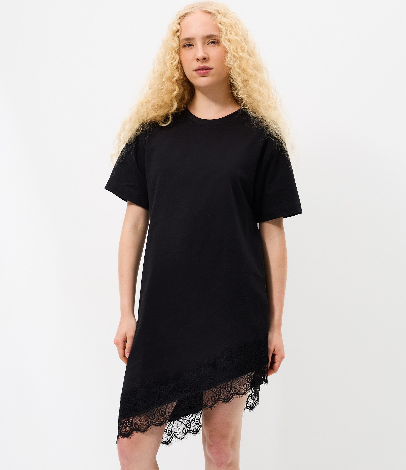 Vestido Curto em Algodão com Barra Rendada Assimétrica Preto 2