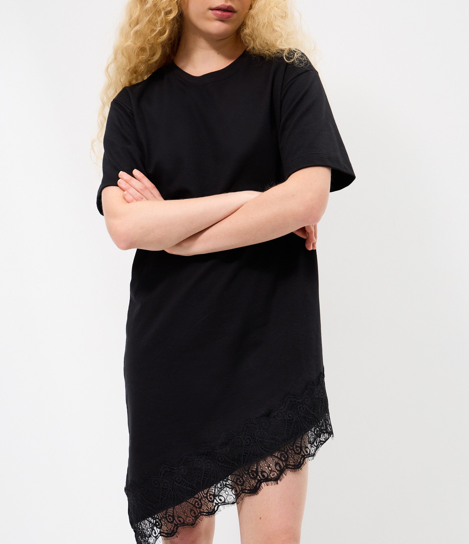 Vestido Curto em Algodão com Barra Rendada Assimétrica Preto 3