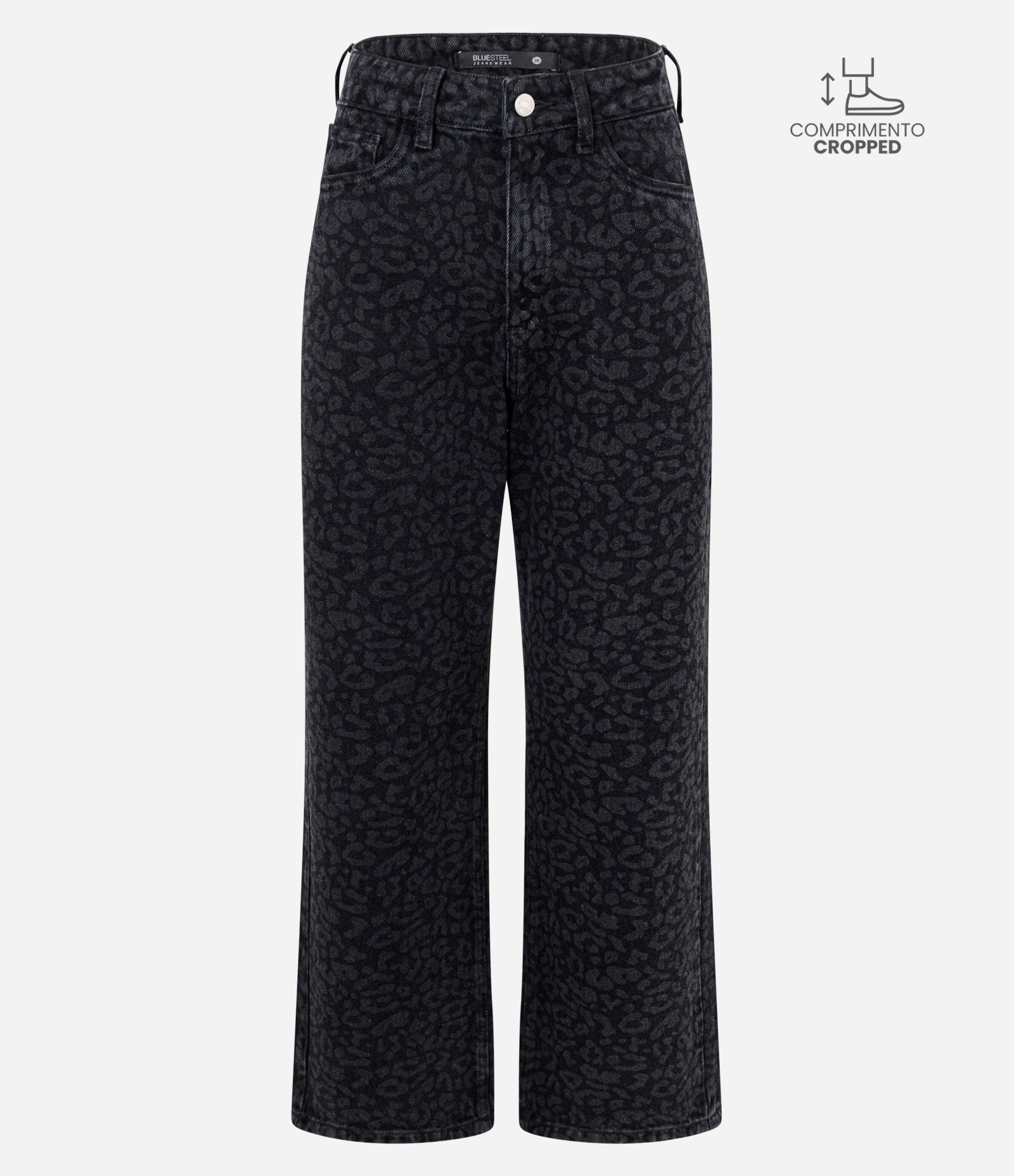 Calça Reta Cropped em Jeans com Cintura Alta e Estampa Animal Print Preto 1