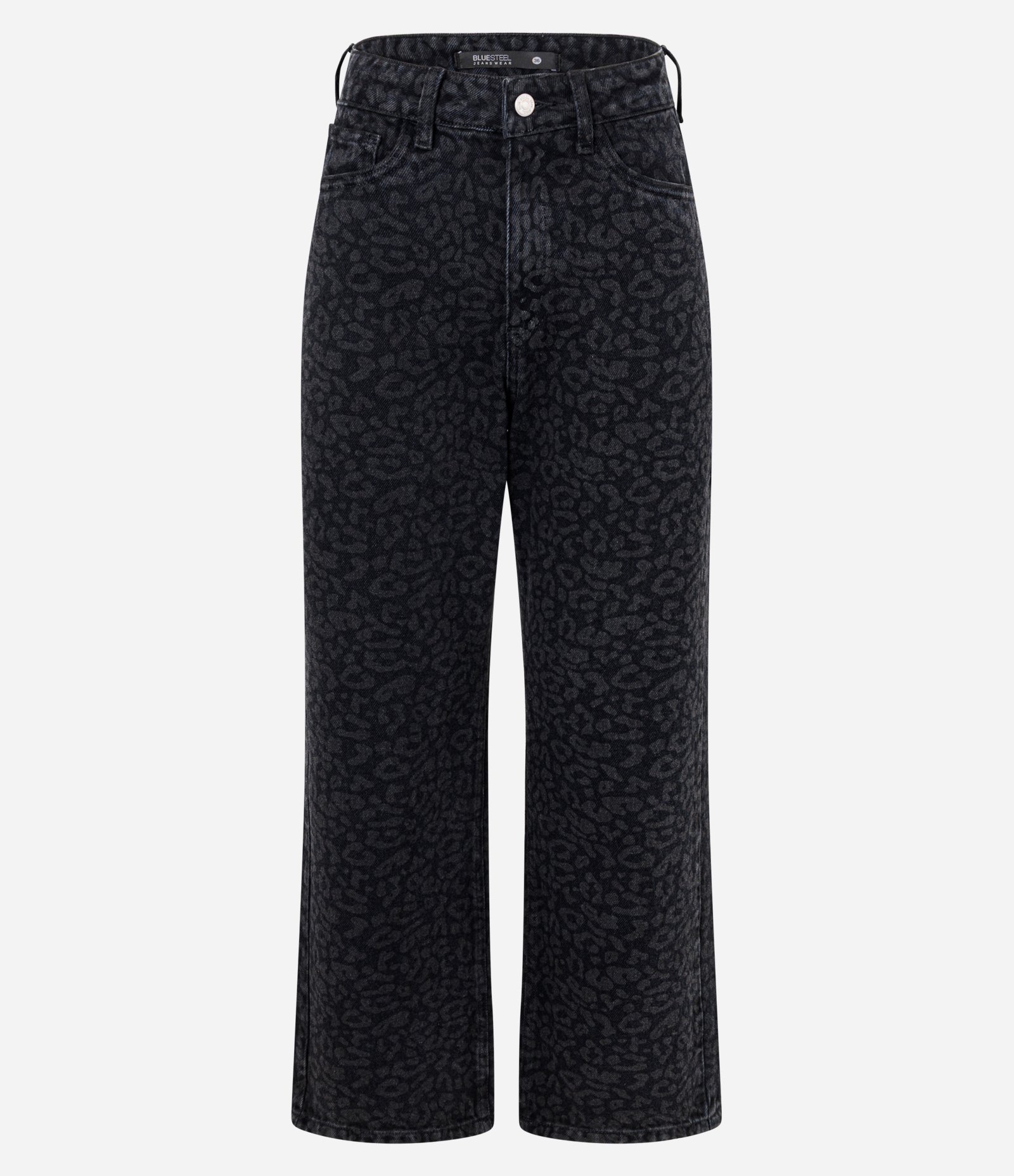 Calça Reta Cropped em Jeans com Cintura Alta e Estampa Animal Print Preto 1