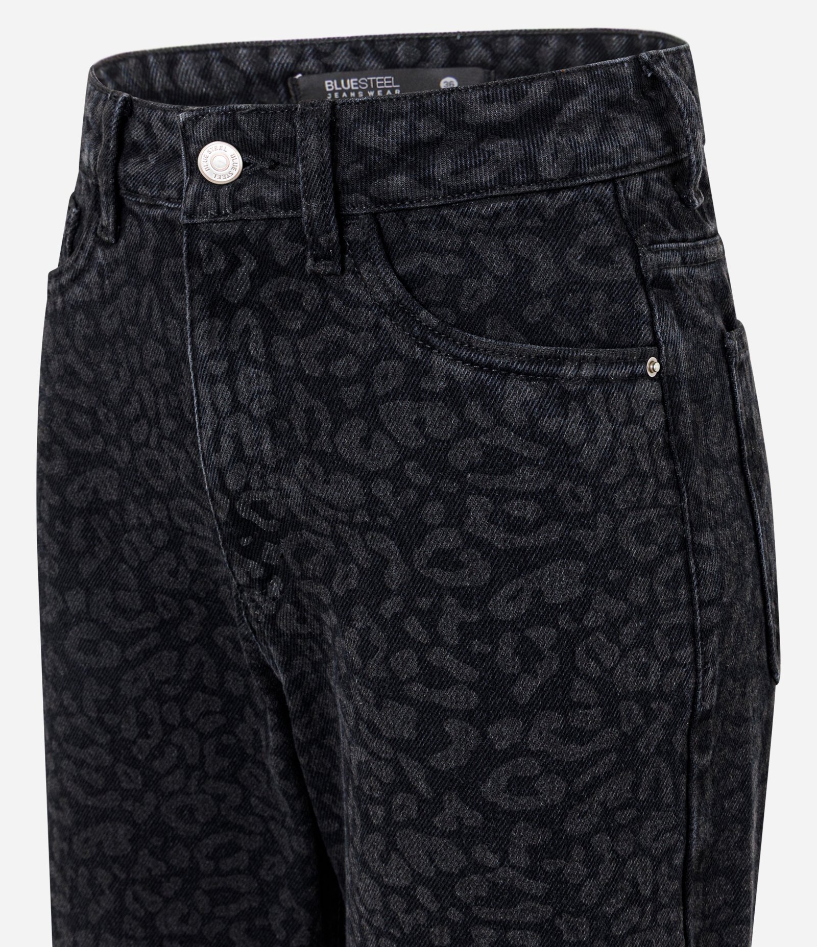 Calça Reta Cropped em Jeans com Cintura Alta e Estampa Animal Print Preto 2