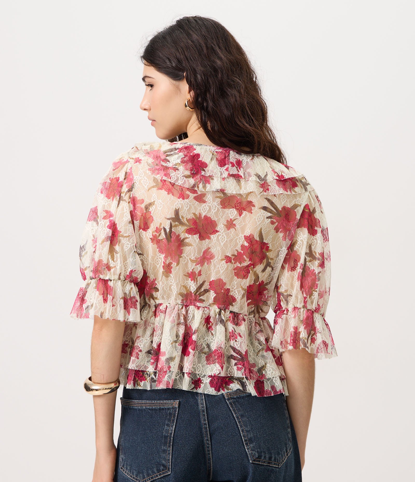 Blusa Cropped em Renda Floral com Babados Multicores 4