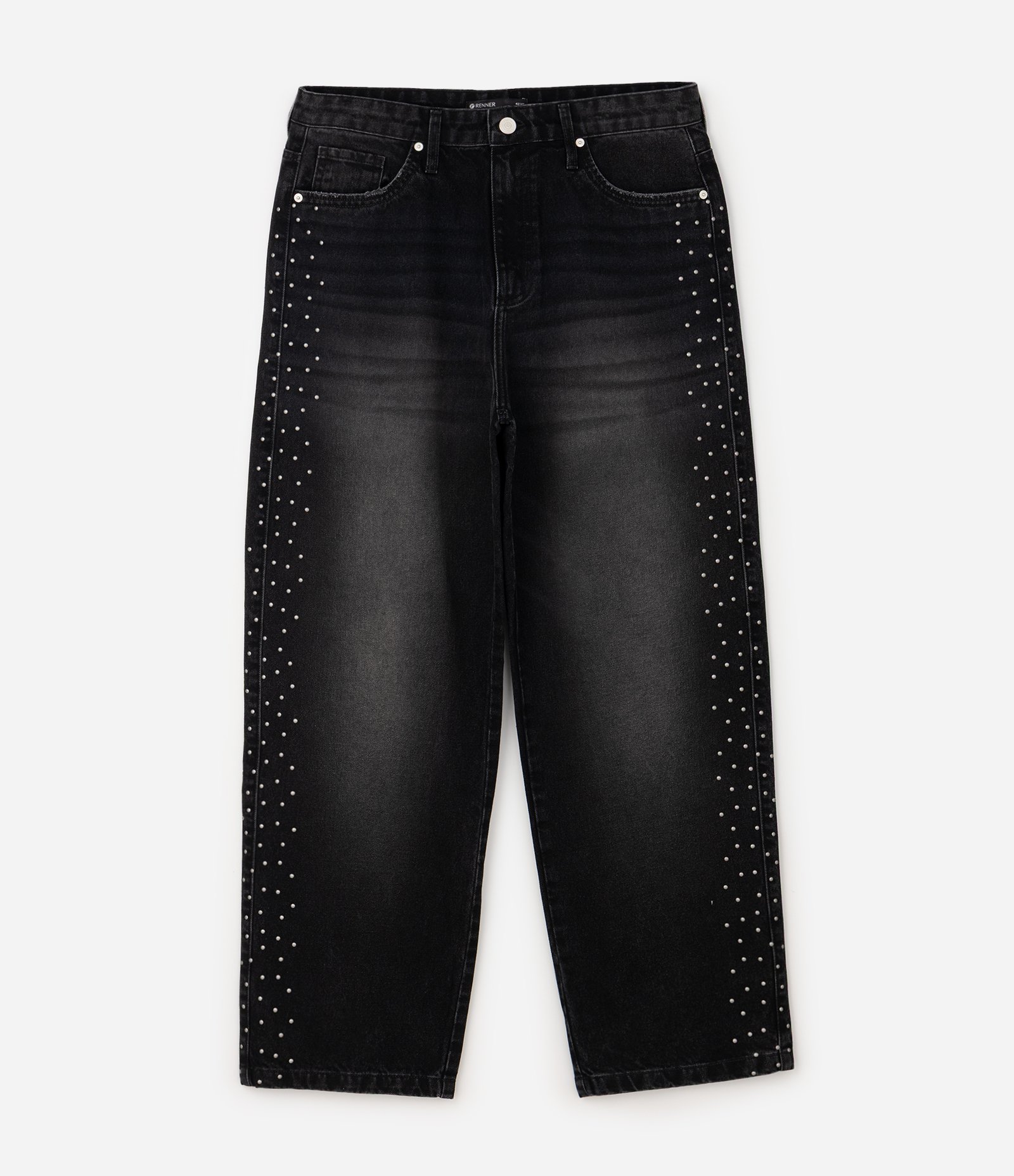 Calça Jeans Super Baggy com Tachas Laterais Preto 1