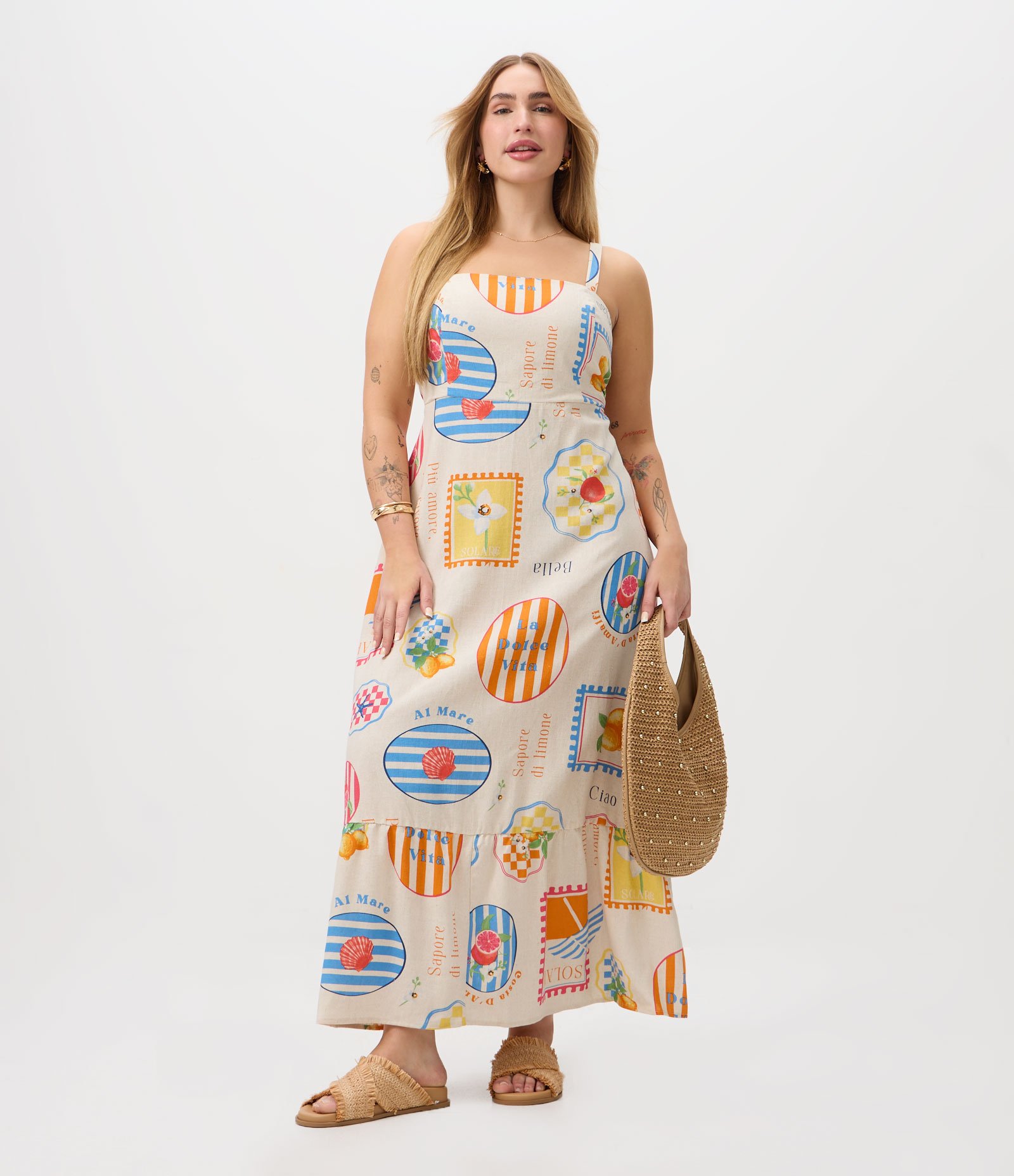 Vestido Midi em Viscolinho com Estampa de Selos Curve & Plus Size Bege 1