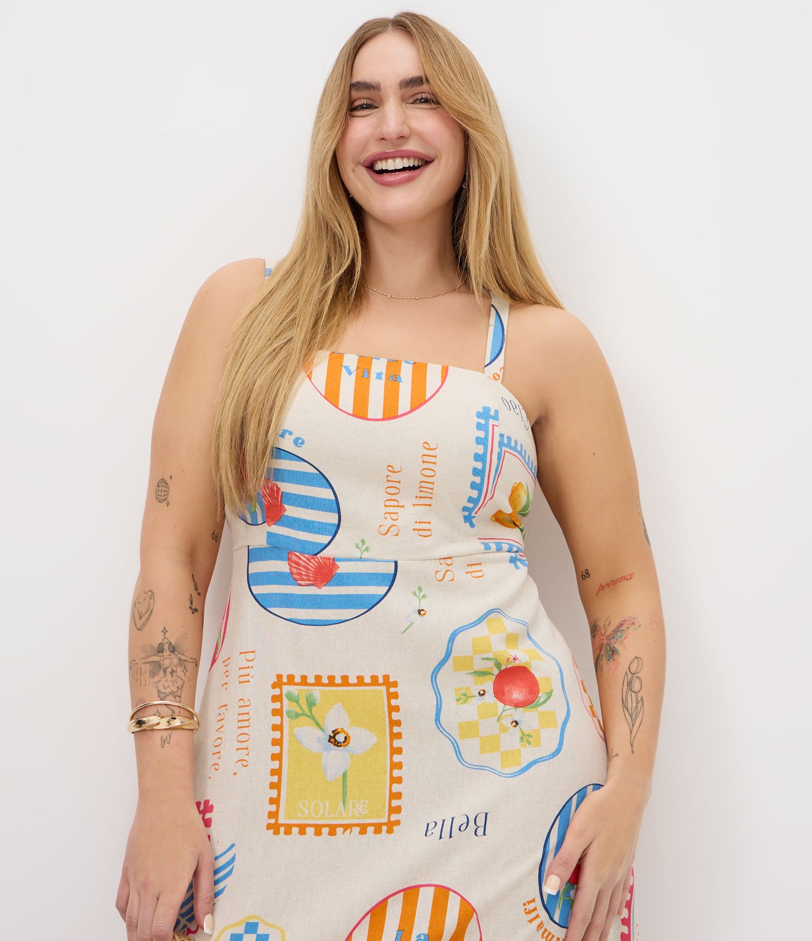Vestido Midi em Viscolinho com Estampa de Selos Curve & Plus Size Bege 3