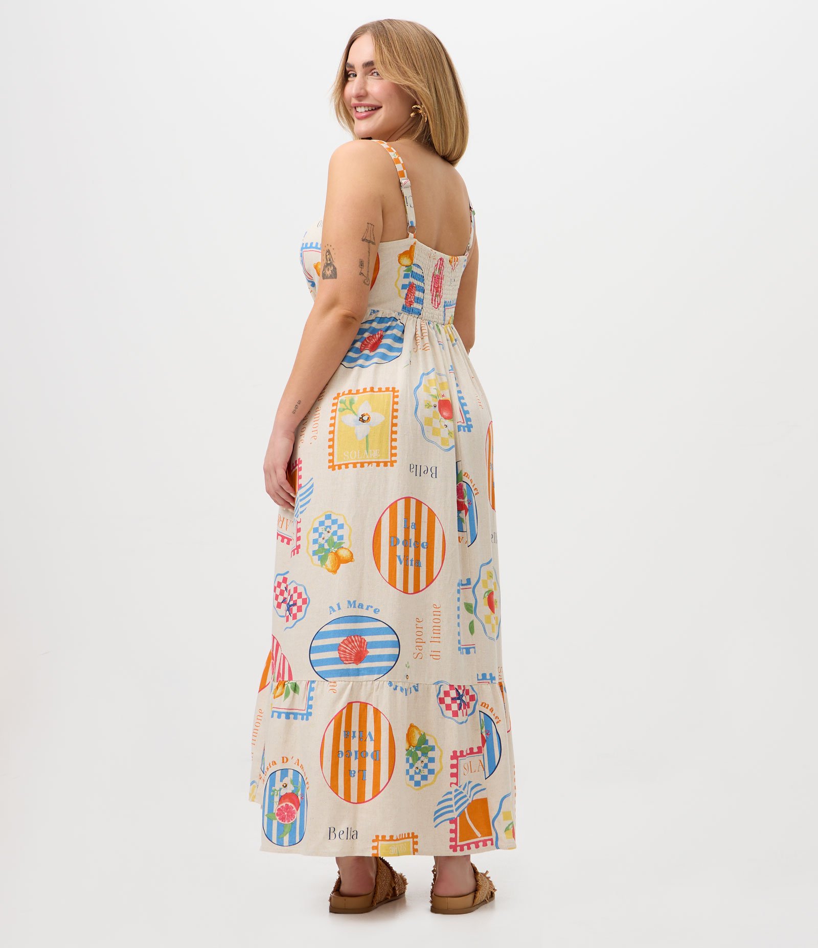 Vestido Midi em Viscolinho com Estampa de Selos Curve & Plus Size Bege 4