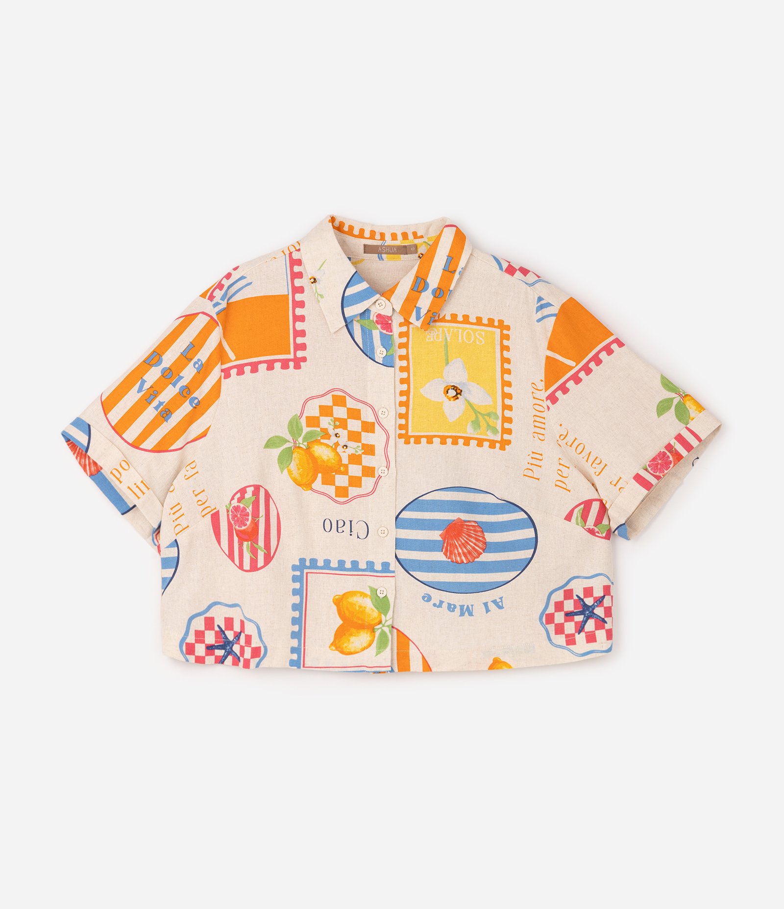Camisa em Viscolinho com Estampa de Selos Curve & Plus Size Bege 5
