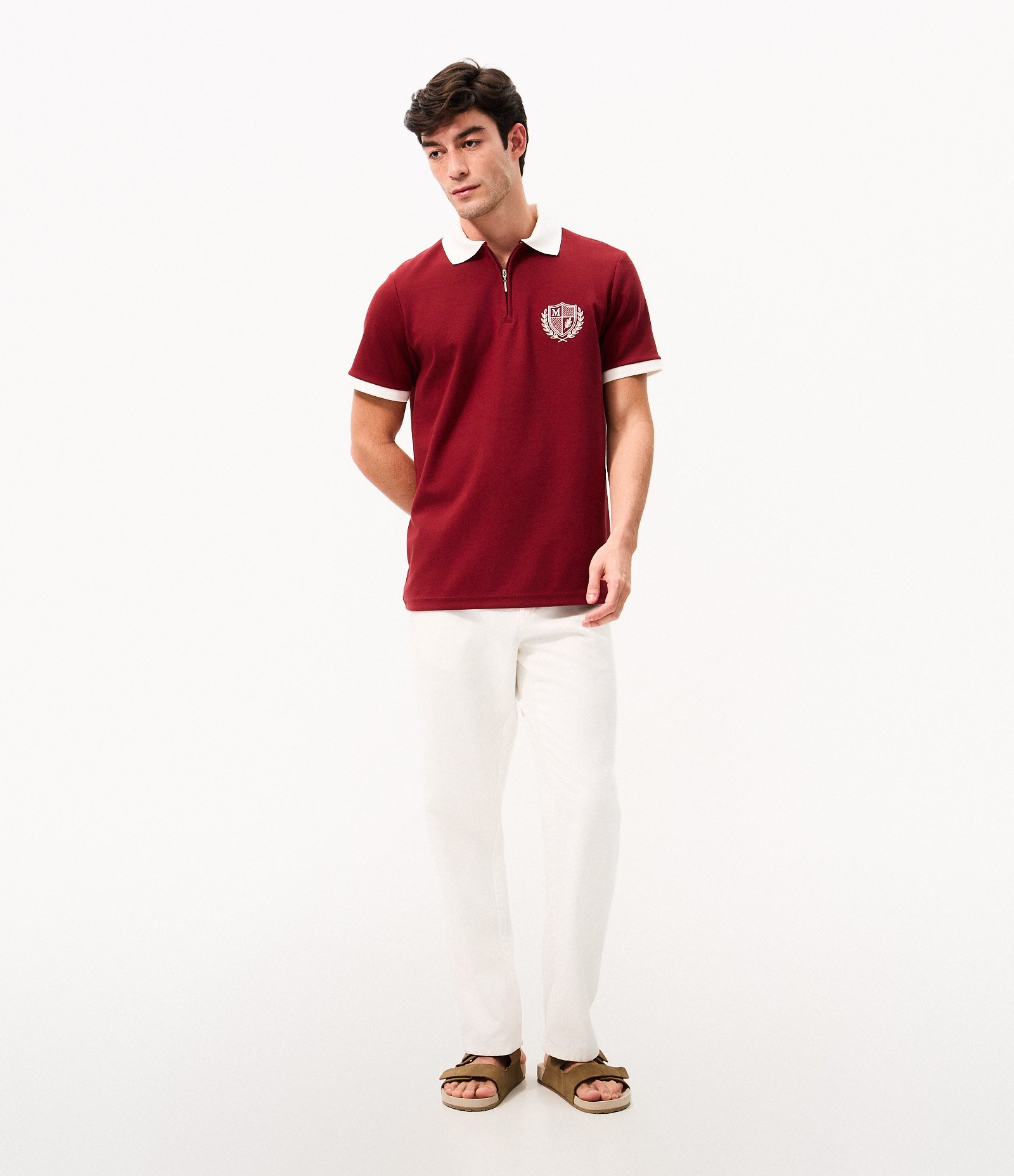 Polo Manga Curta Algodão Brasão Texturizado Vermelho 5