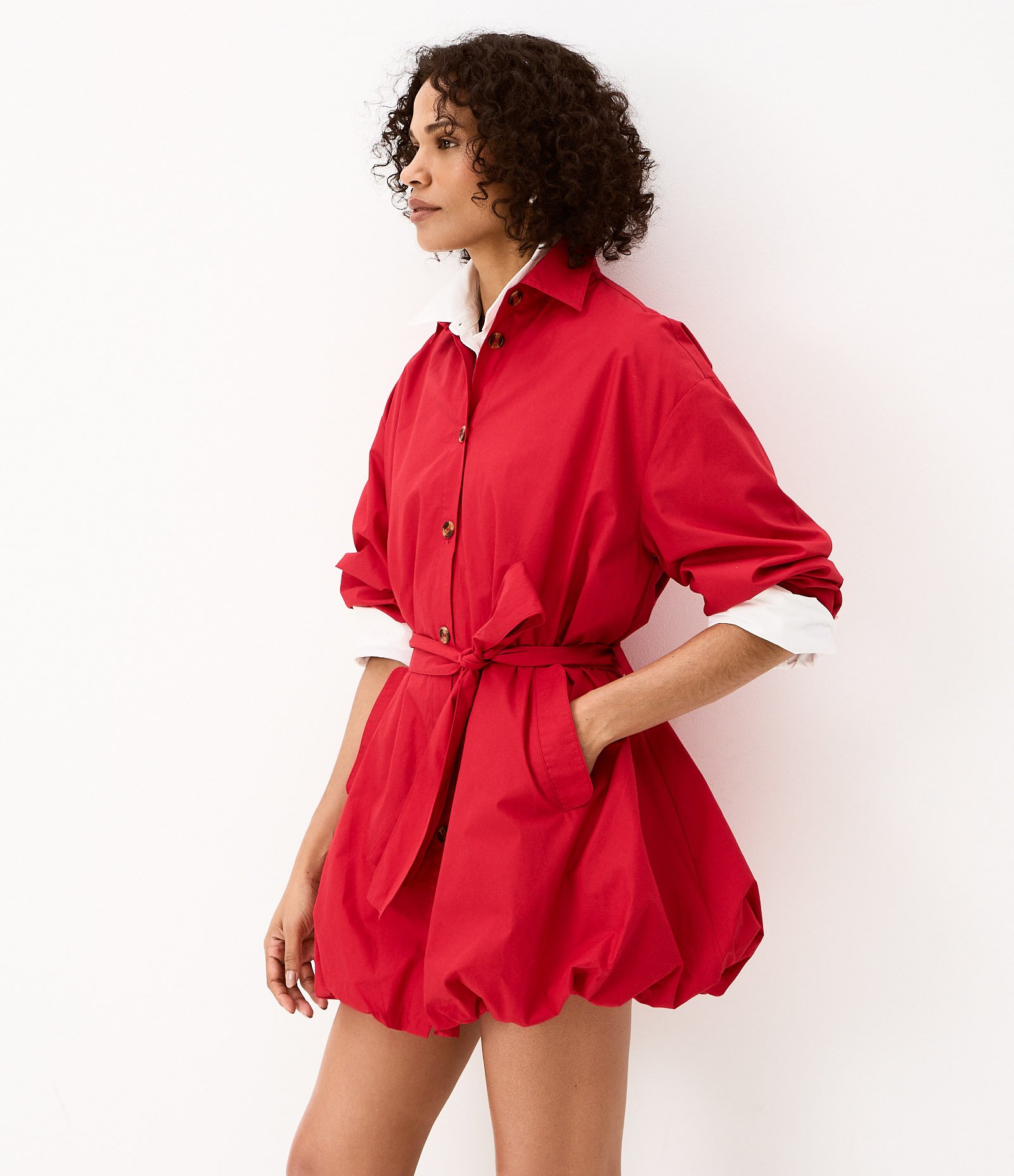Vestido Balonê em Algodão com Faixa para Amarração Vermelho 2