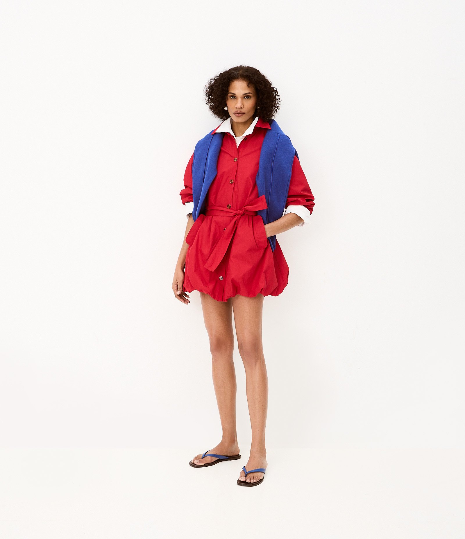 Vestido Balonê em Algodão com Faixa para Amarração Vermelho 1