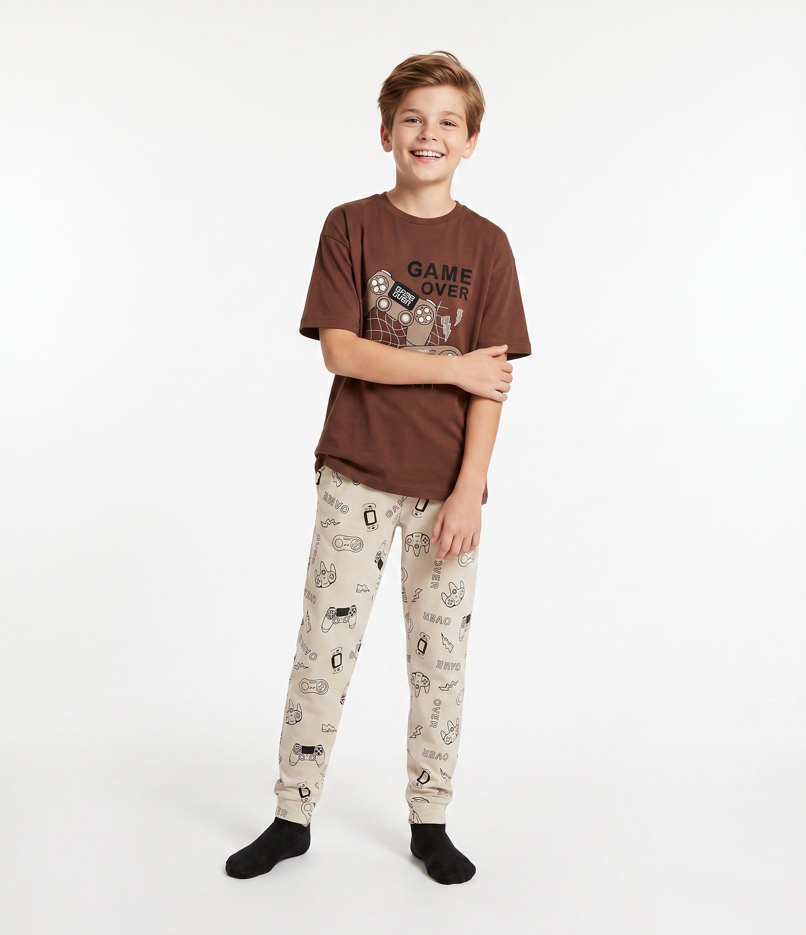 Pijama Infantil em Algodão com Estampa Gamer e Calça Estampada - Tam 7 a 16 Anos Marrom 1