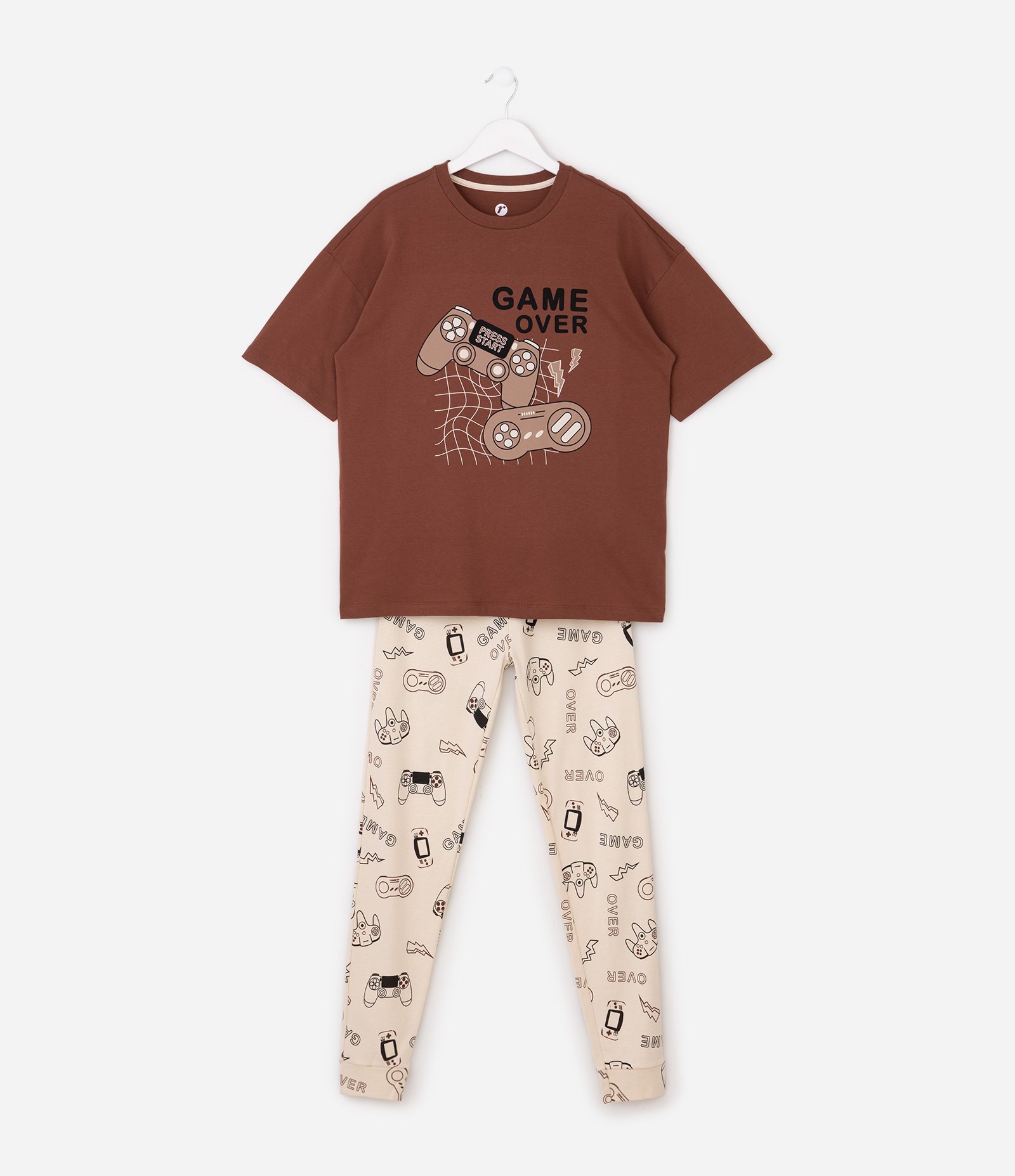 Pijama Infantil em Algodão com Estampa Gamer e Calça Estampada - Tam 7 a 16 Anos Marrom 2