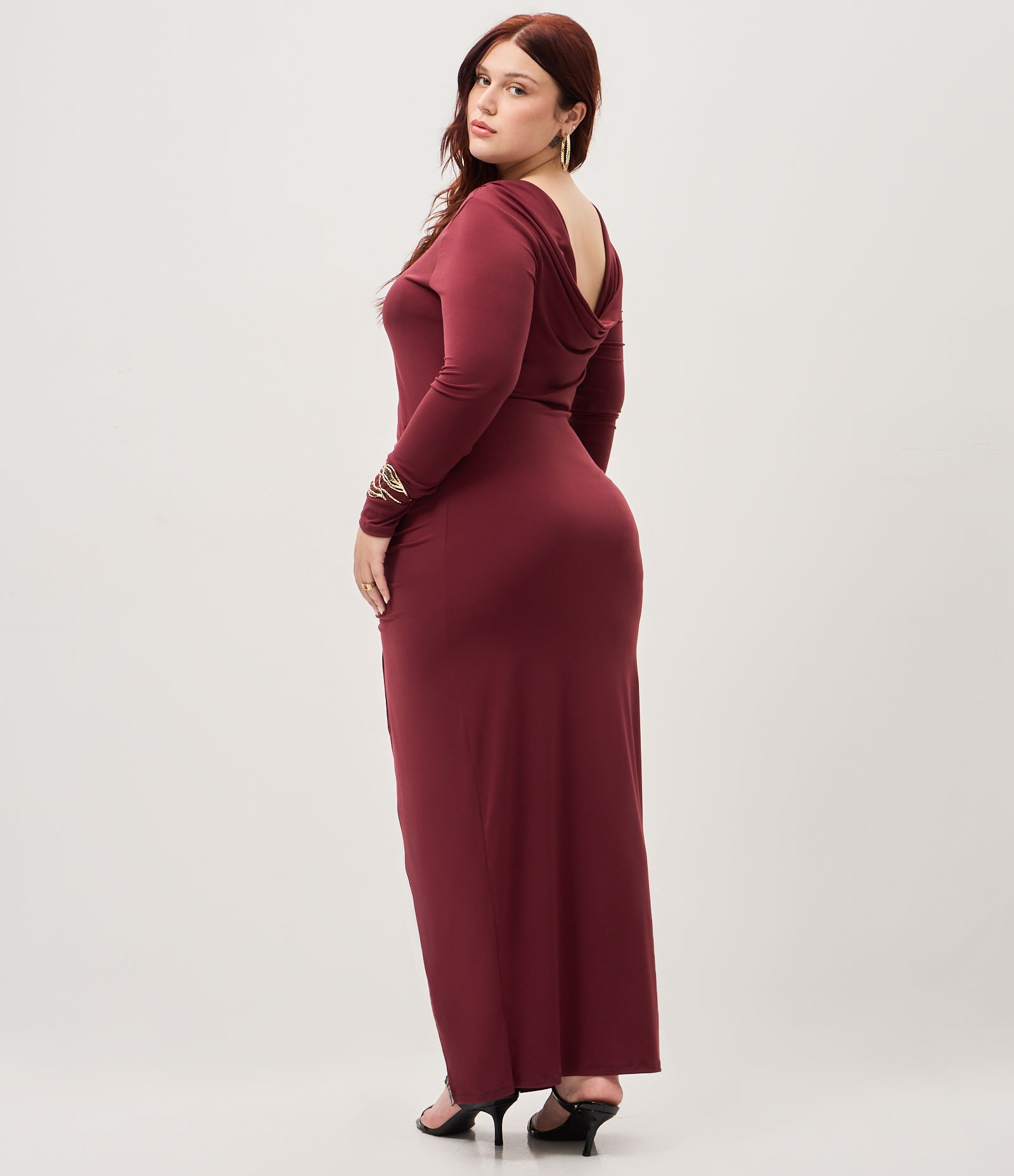 Vestido Midi em Poliamida com Franzido Lateral e Decote Degagê Curve & Plus Size Vinho 4