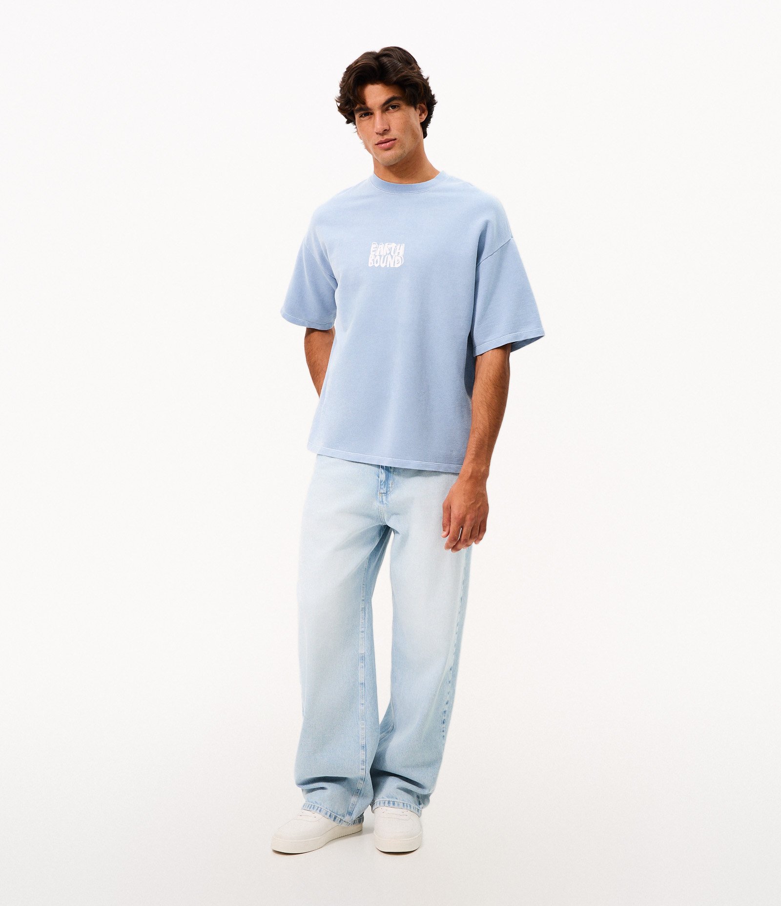 Camiseta Oversized em Algodão Estonada com Lettering Earthbound Azul 2