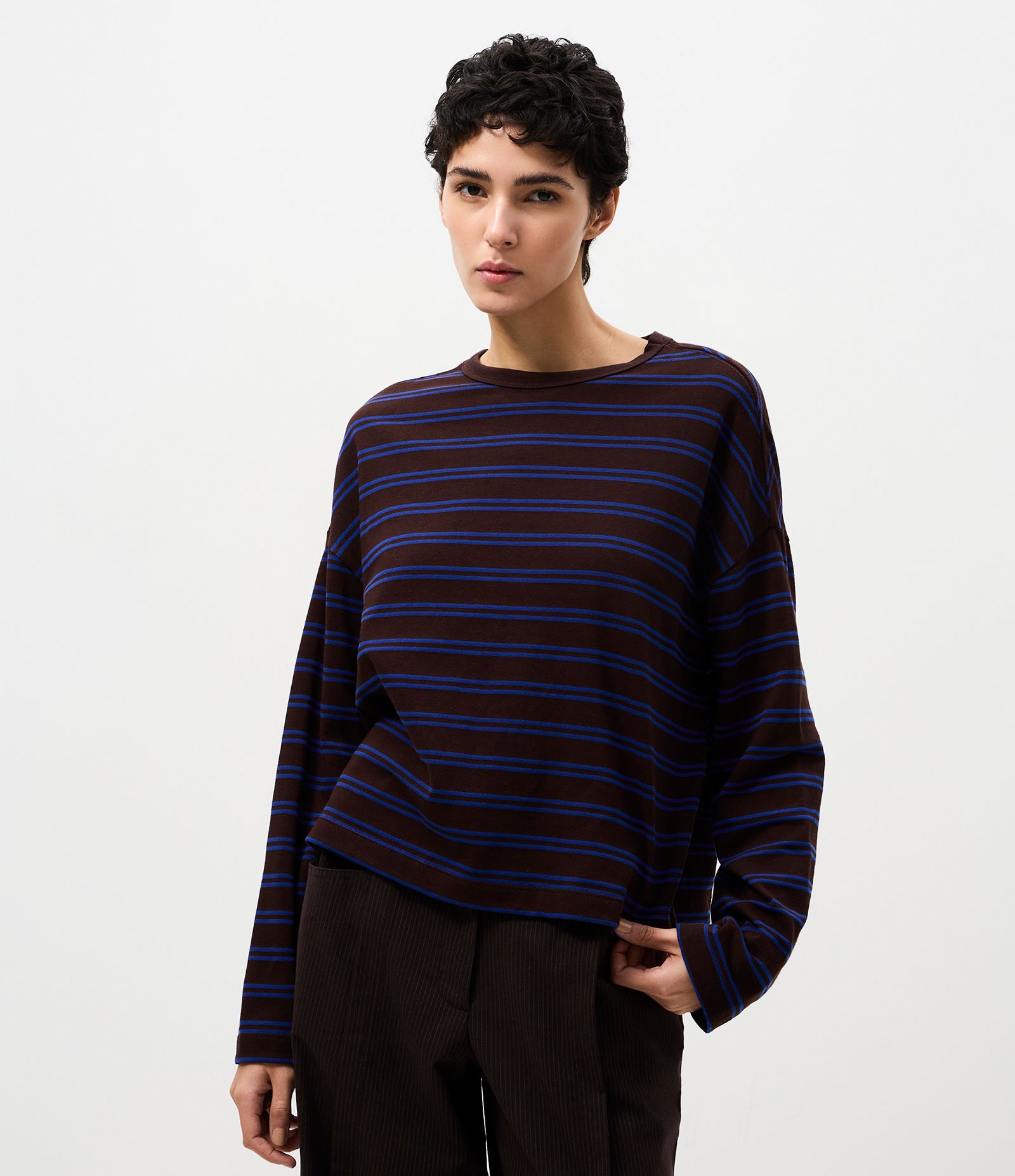 Blusa Oversized em Algodão com Estampa Listrada Marrom/Azul 2