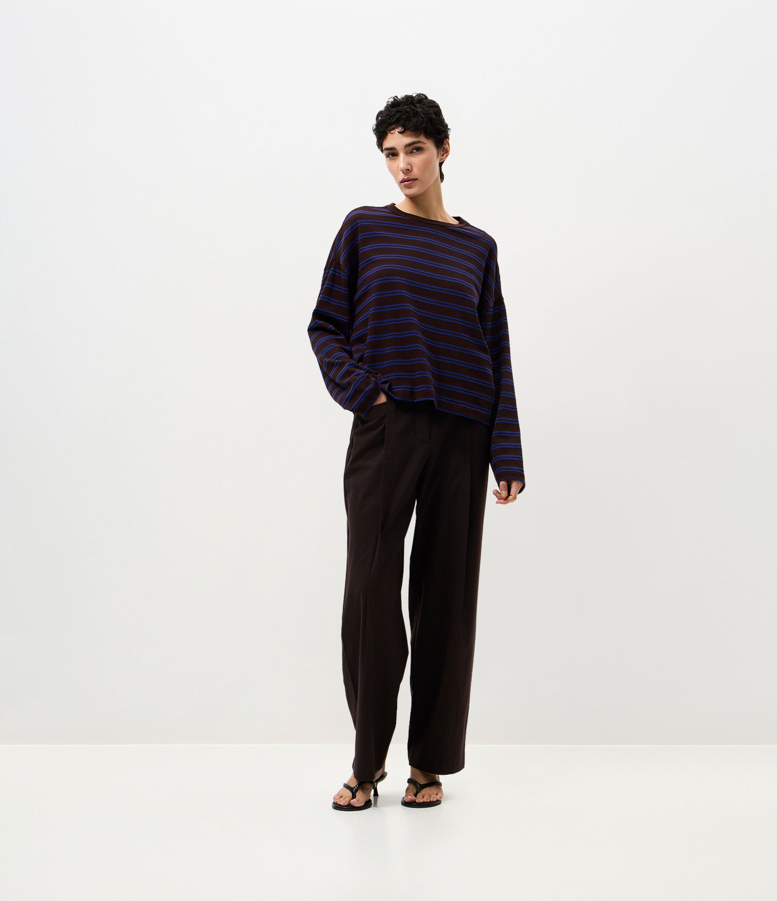 Blusa Oversized em Algodão com Estampa Listrada Marrom/Azul 3